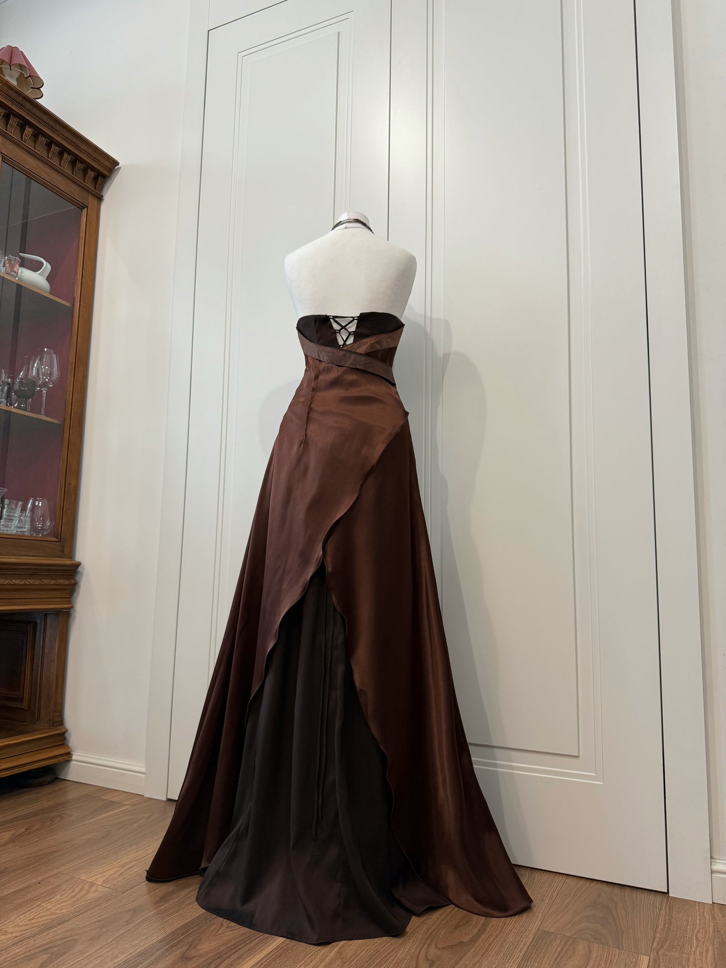 Chocolate Satin Strapless Gown with Shawl