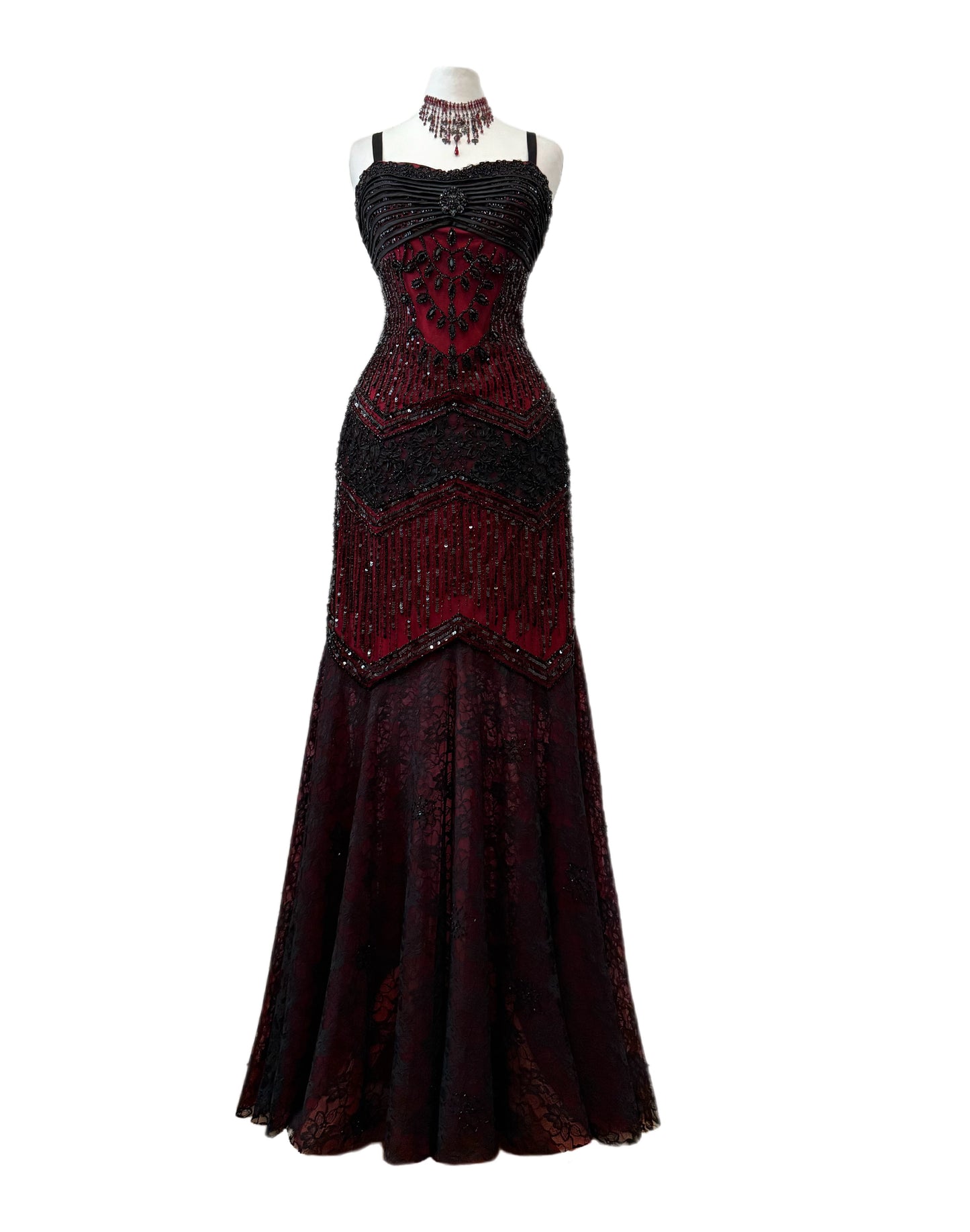 Vintage Burgundy & Black Beaded Vampire Dress