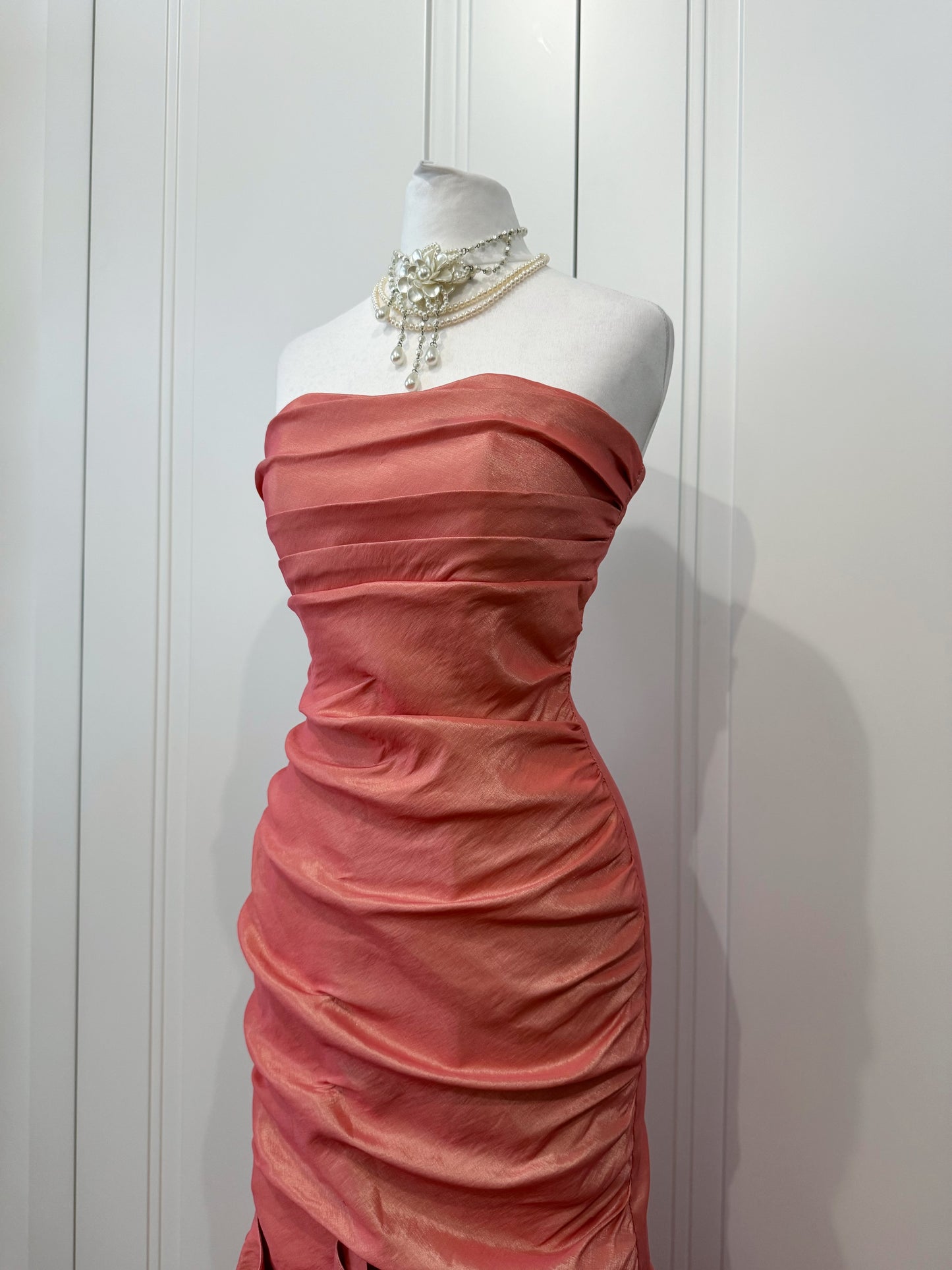 Long coral pink mermaid ball gown