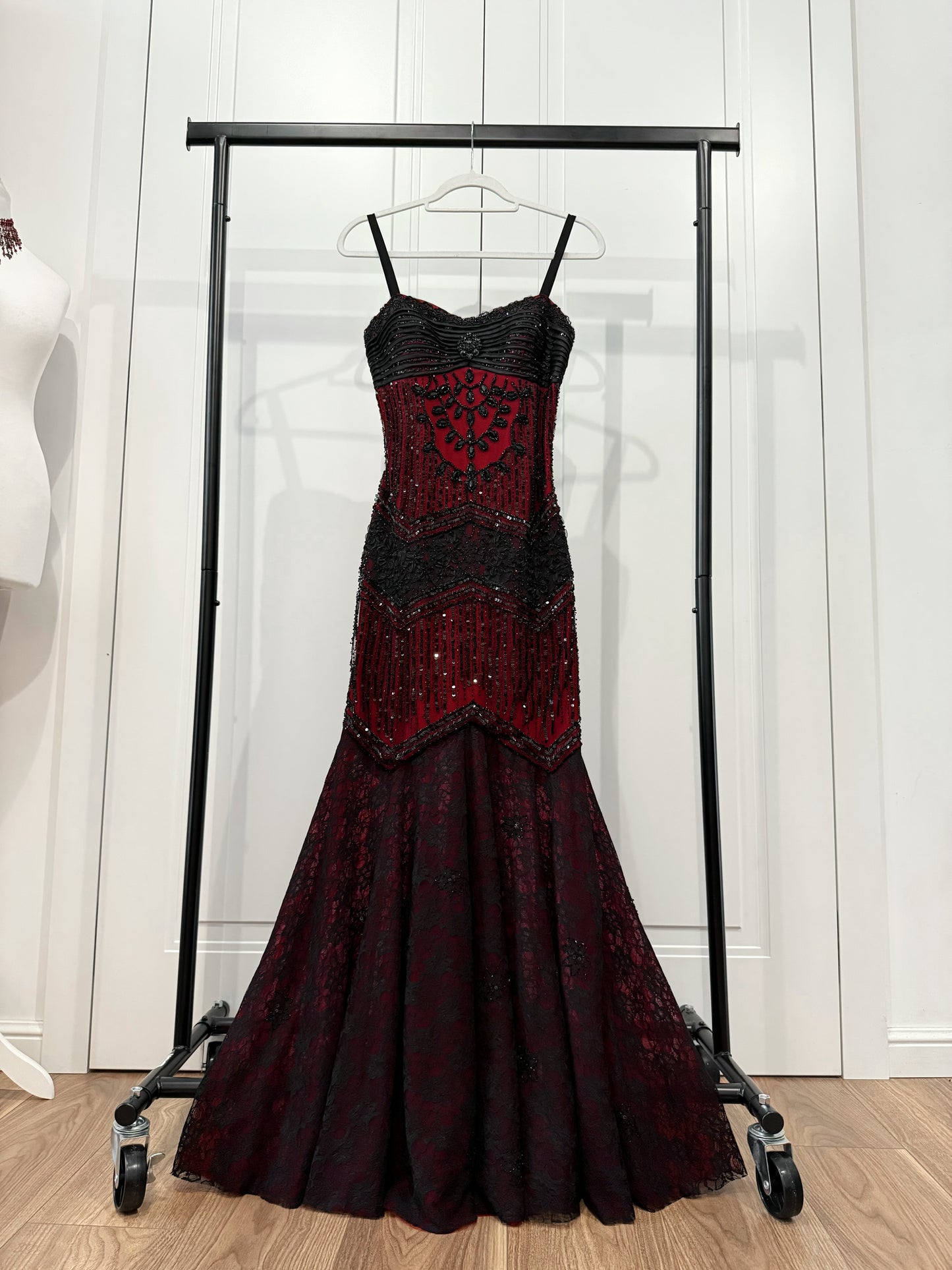 Vintage Burgundy & Black Beaded Vampire Dress