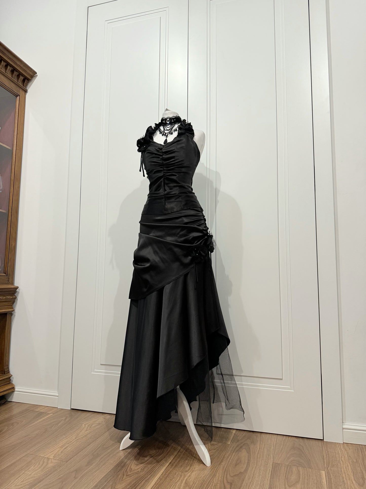 Black Satin Evening Dress Set