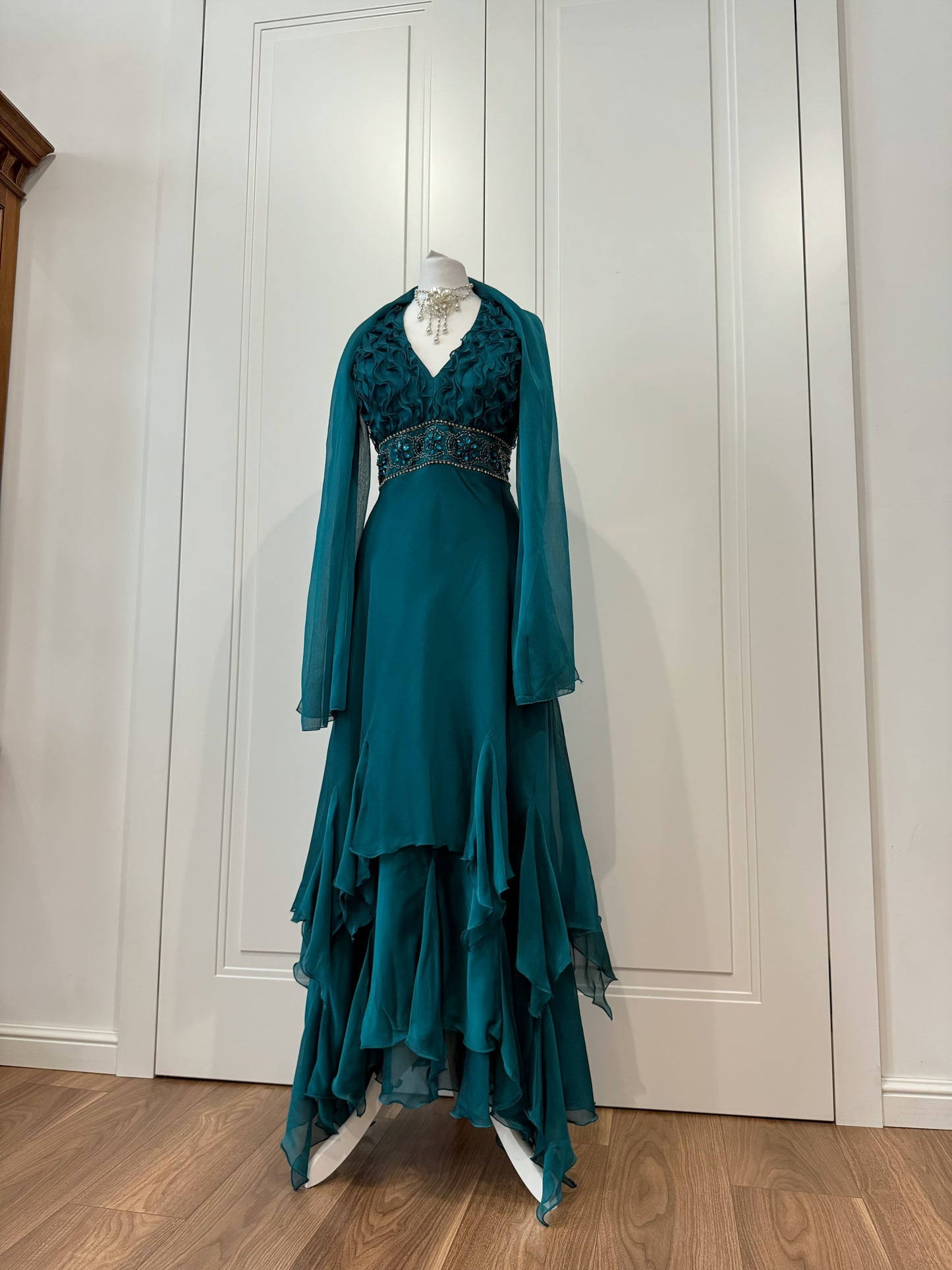 Teal Embellished Ruffle Dress