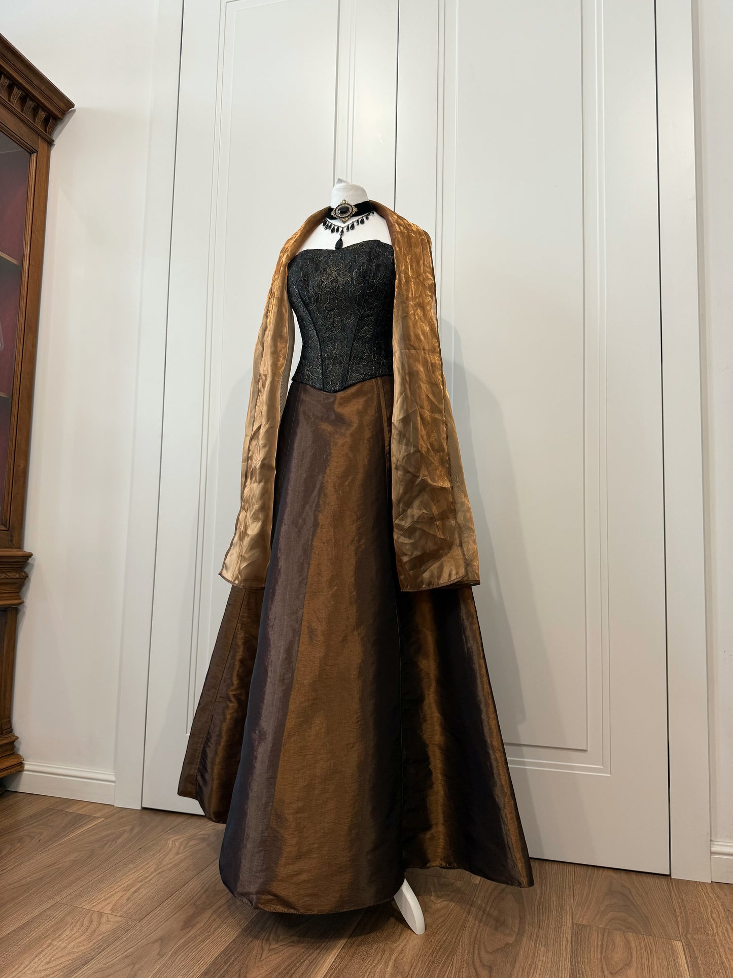 Bronze & Black Evening Gown with Shawl