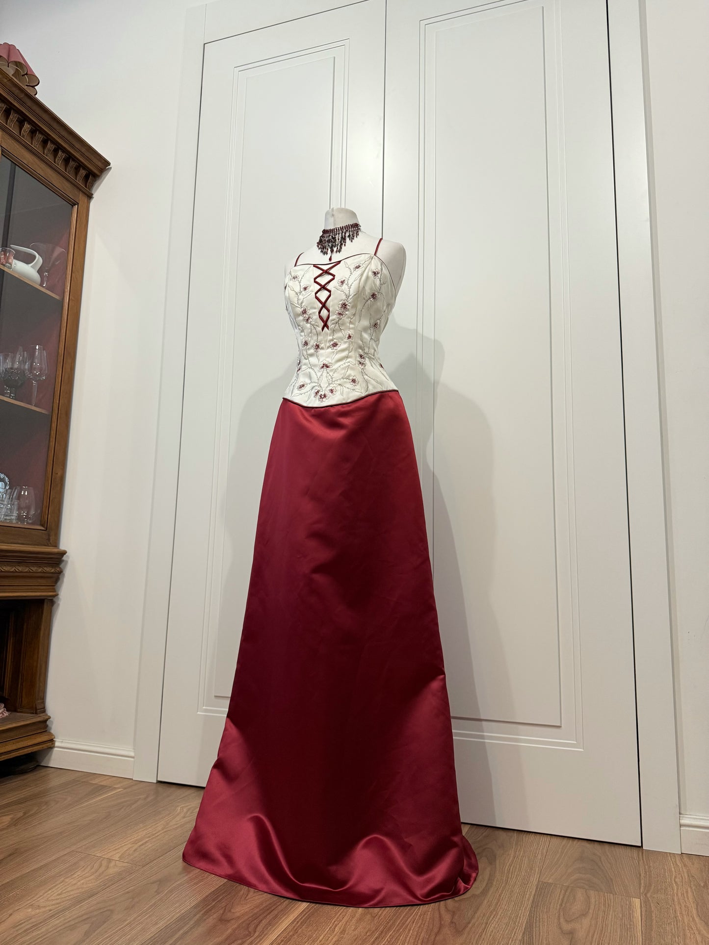 Burgundy & Cream Long Embroidered Dress