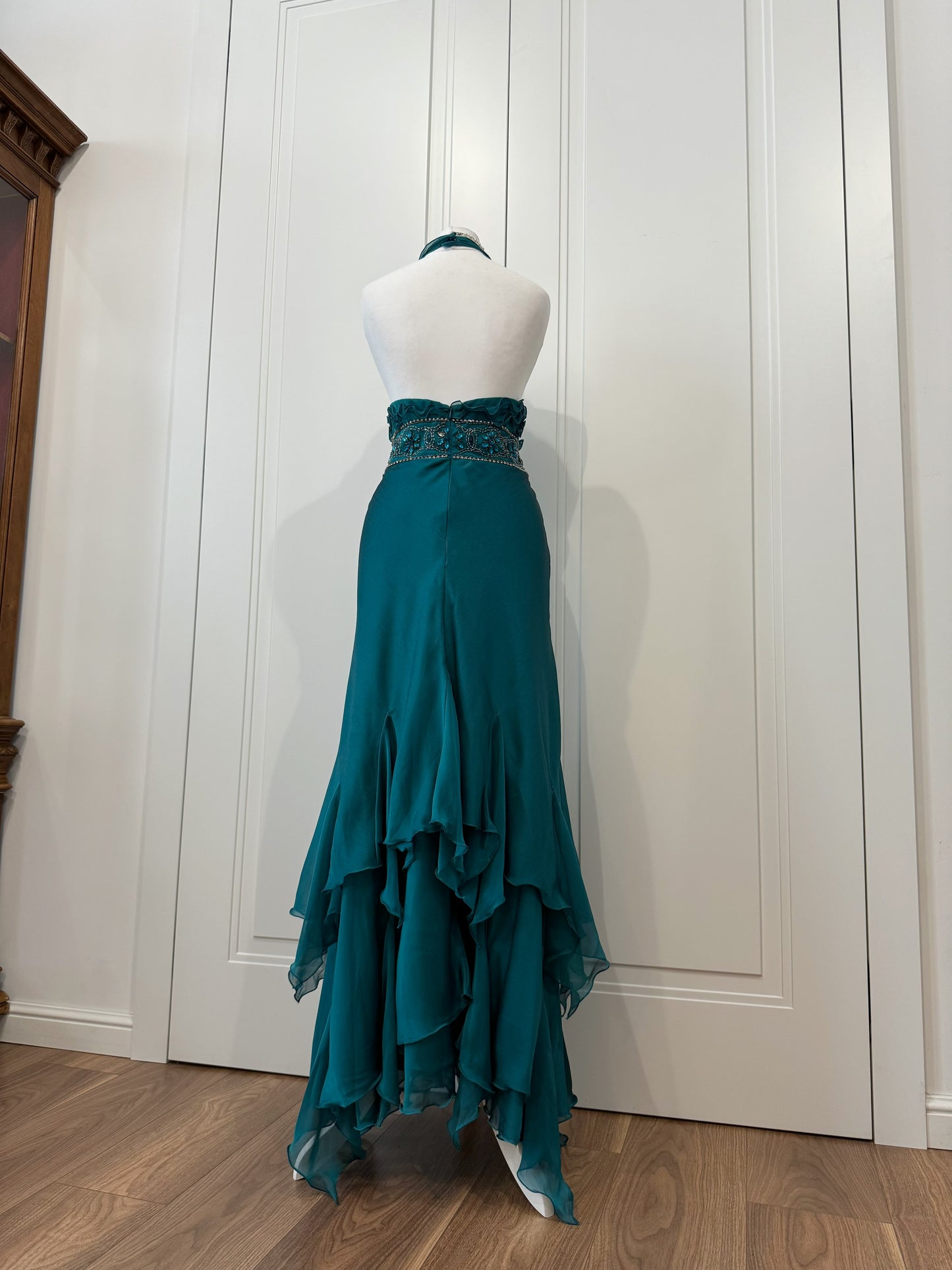 Teal Embellished Ruffle Dress