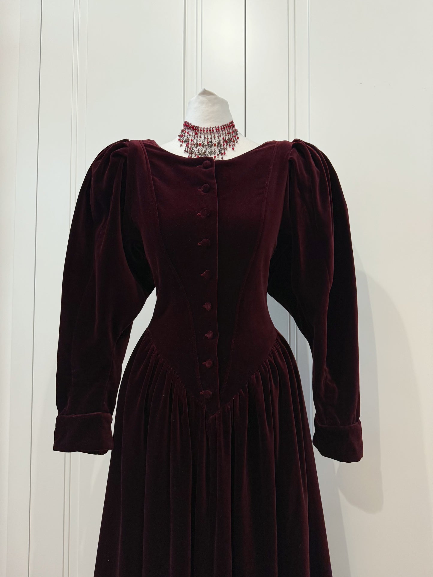 Burgundy Vintage Velvet Puff Sleeve Maxi Dress