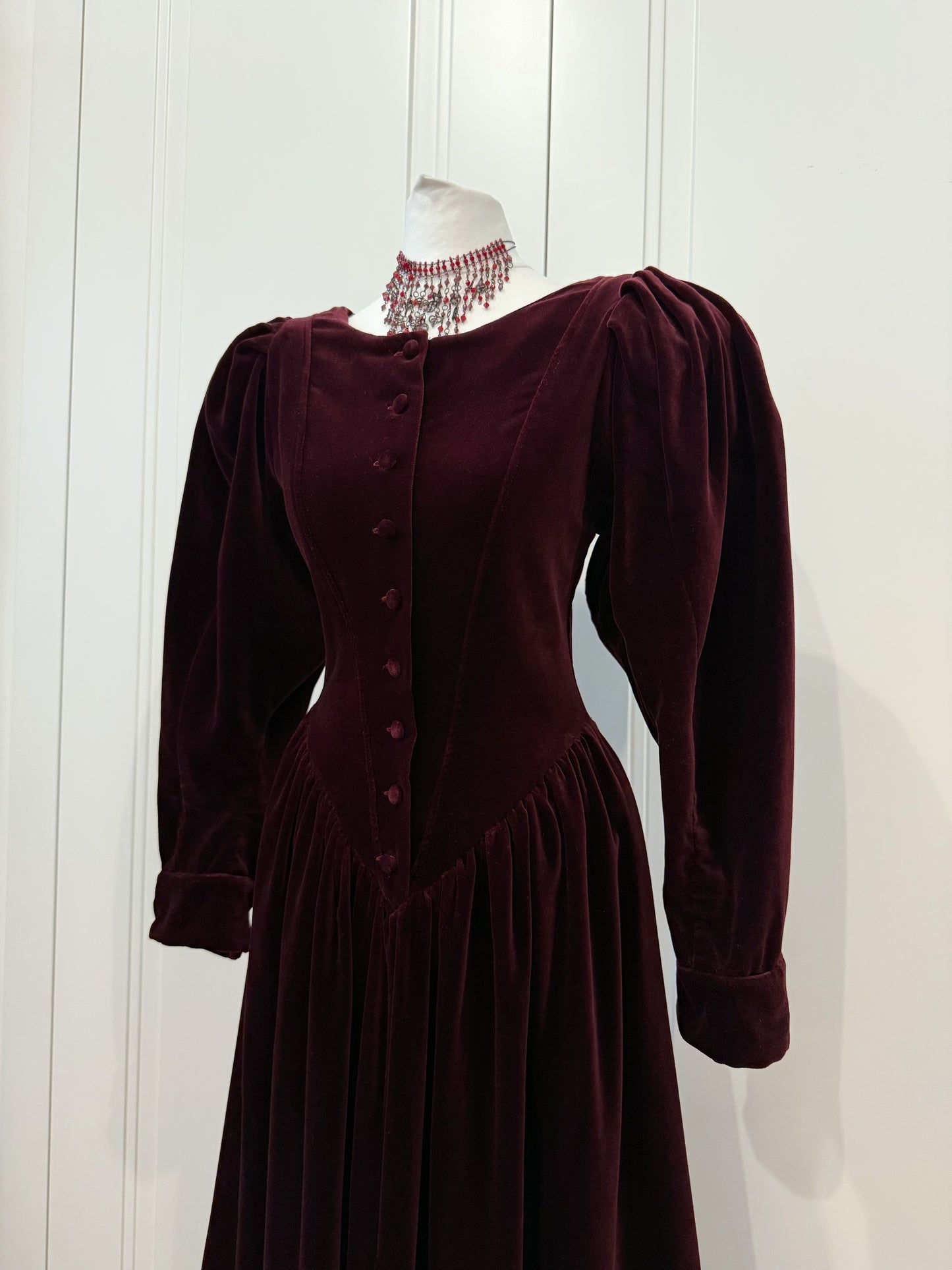 Burgundy Vintage Velvet Puff Sleeve Maxi Dress