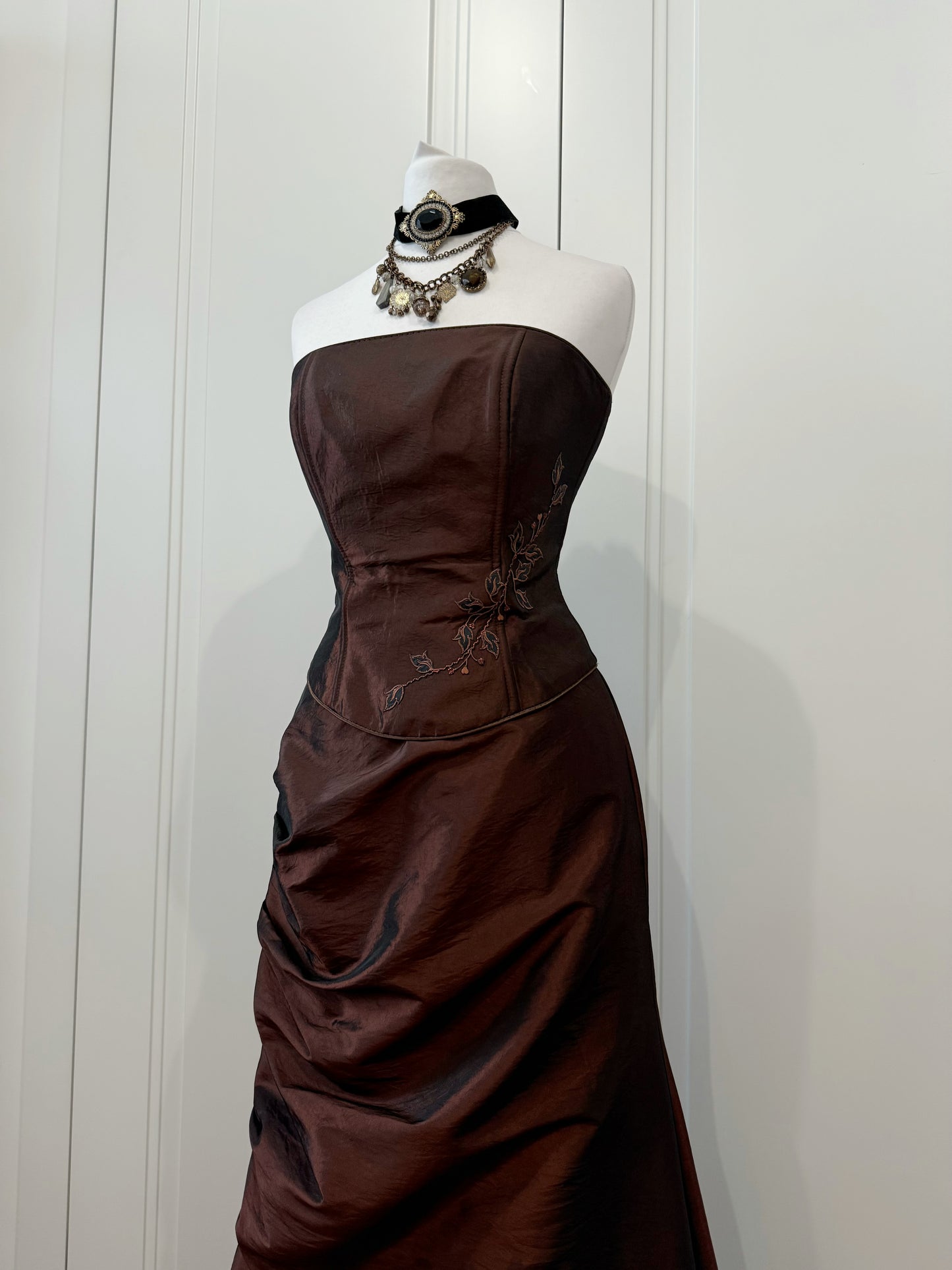 Chocolate Strapless Evening Corset Gown