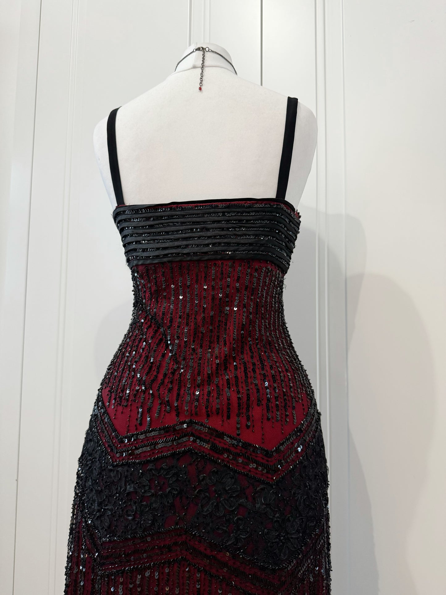 Vintage Burgundy & Black Beaded Vampire Dress