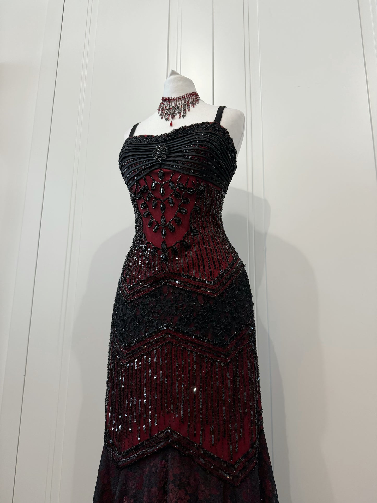 Vintage Burgundy & Black Beaded Vampire Dress