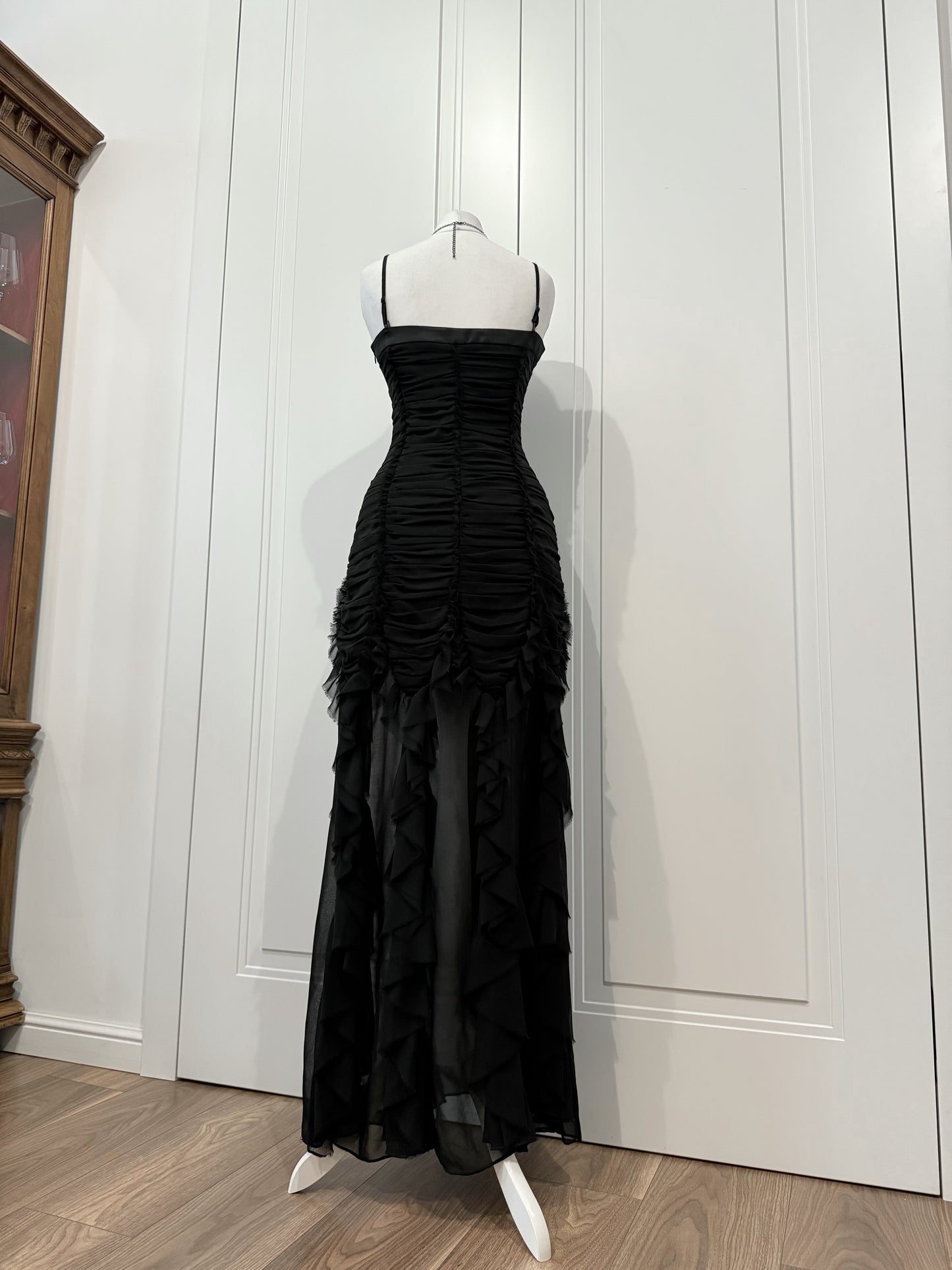 Black Ruched Ruffle Maxi Dress