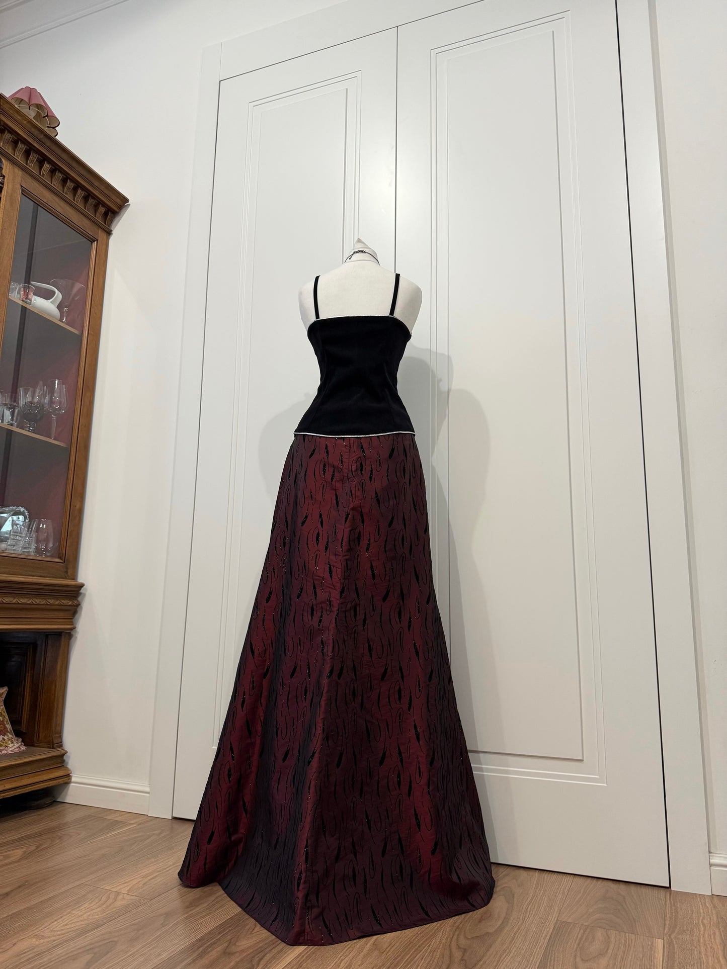 Black Velvet Top & Burgundy Long Skirt Set