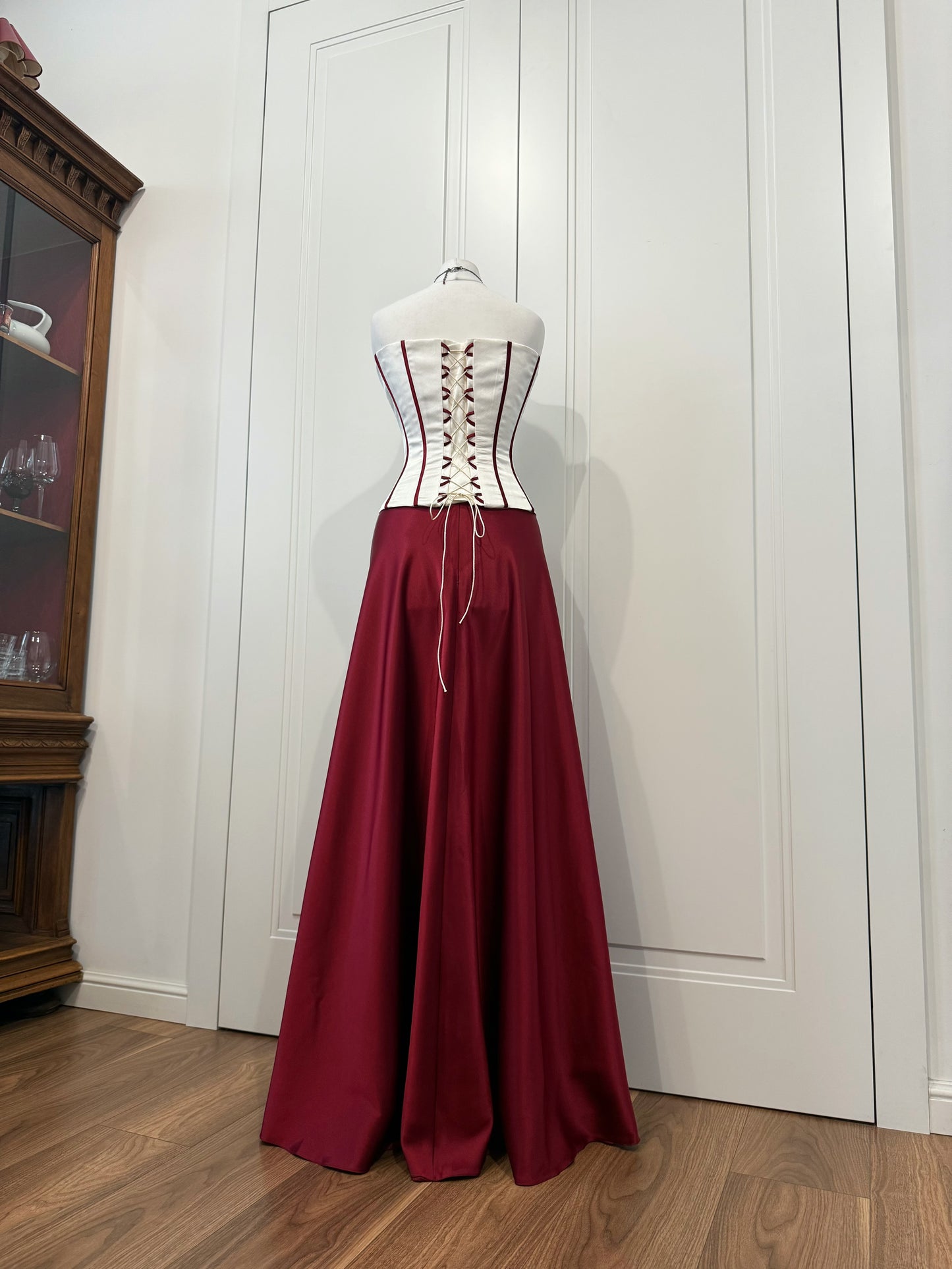 Burgundy Satin Corset Dress Set with Bolero