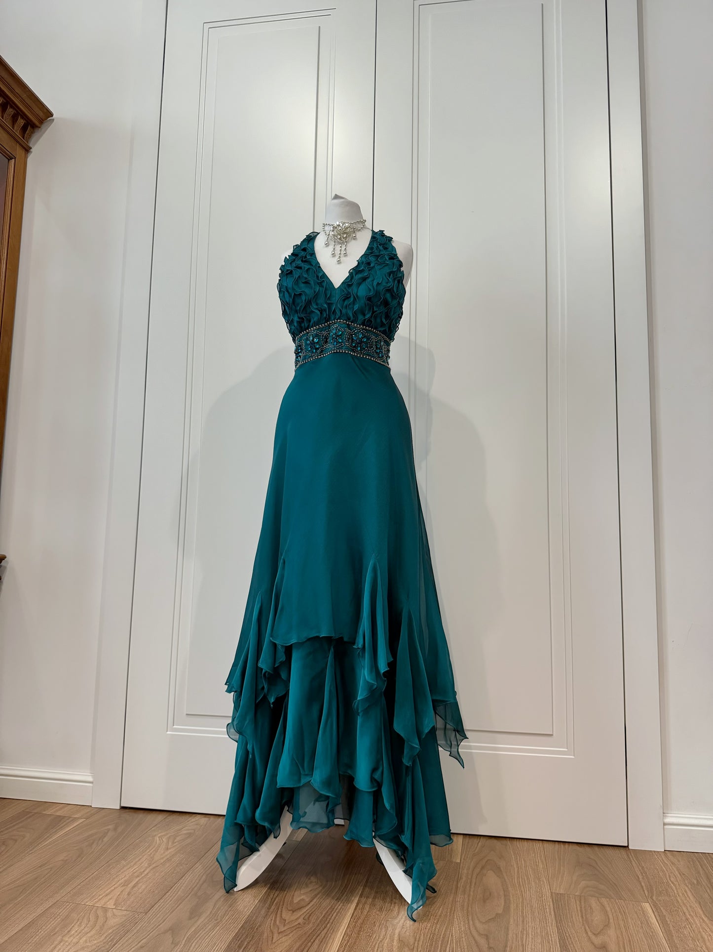 Teal Embellished Ruffle Dress