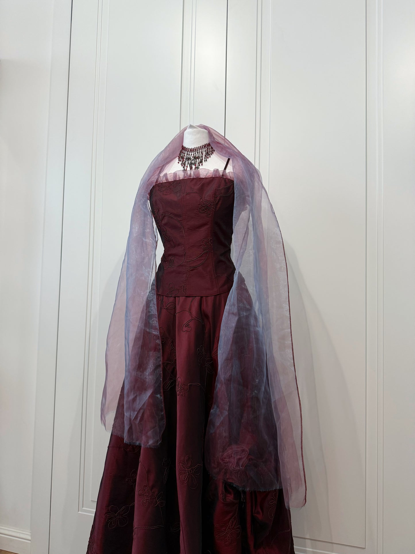 Burgundy dress set with shawl