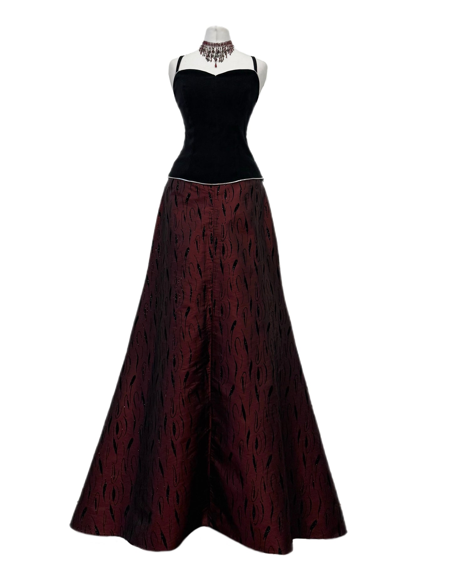 Black Velvet Top & Burgundy Long Skirt Set
