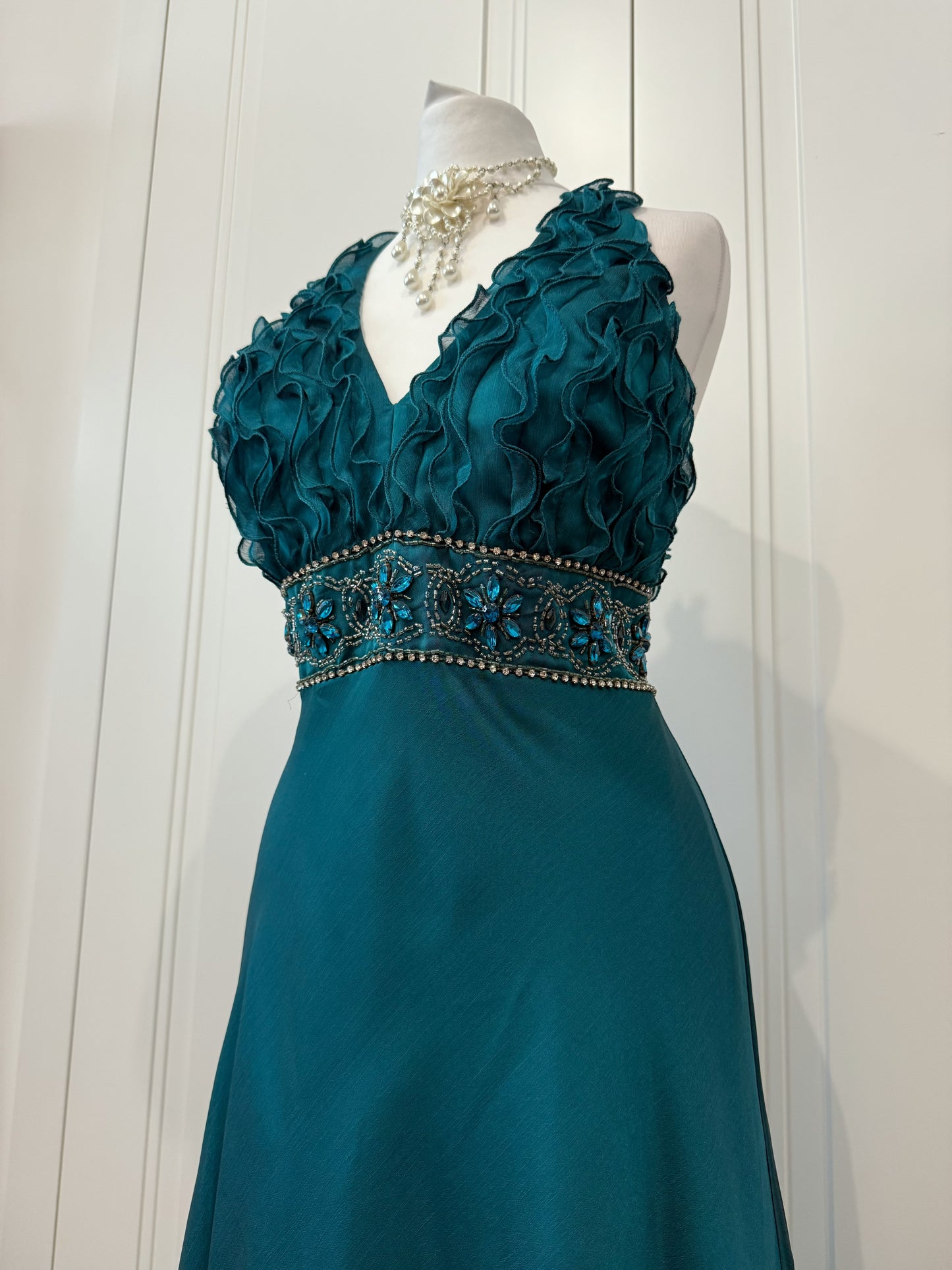 Teal Embellished Ruffle Dress