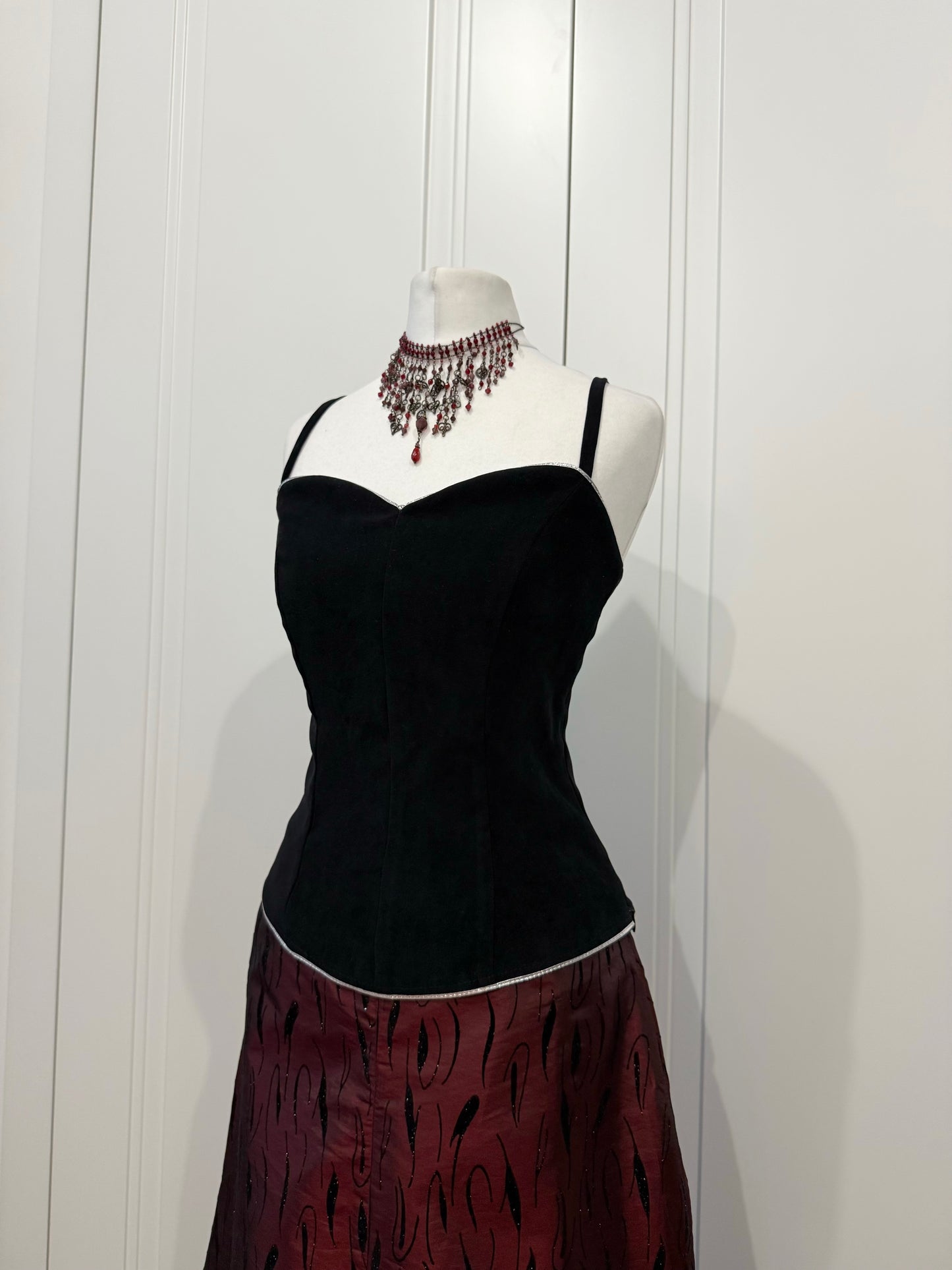 Black Velvet Top & Burgundy Long Skirt Set