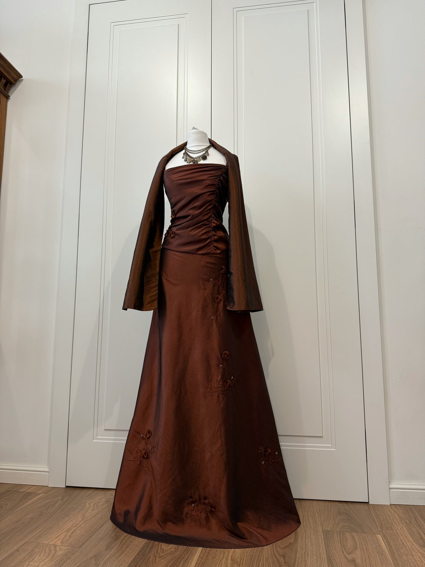 Chocolate Embroidered Evening Gown with Shawl