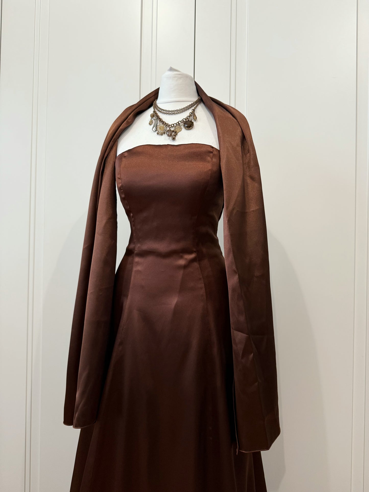 Chocolate Satin Strapless Gown with Shawl