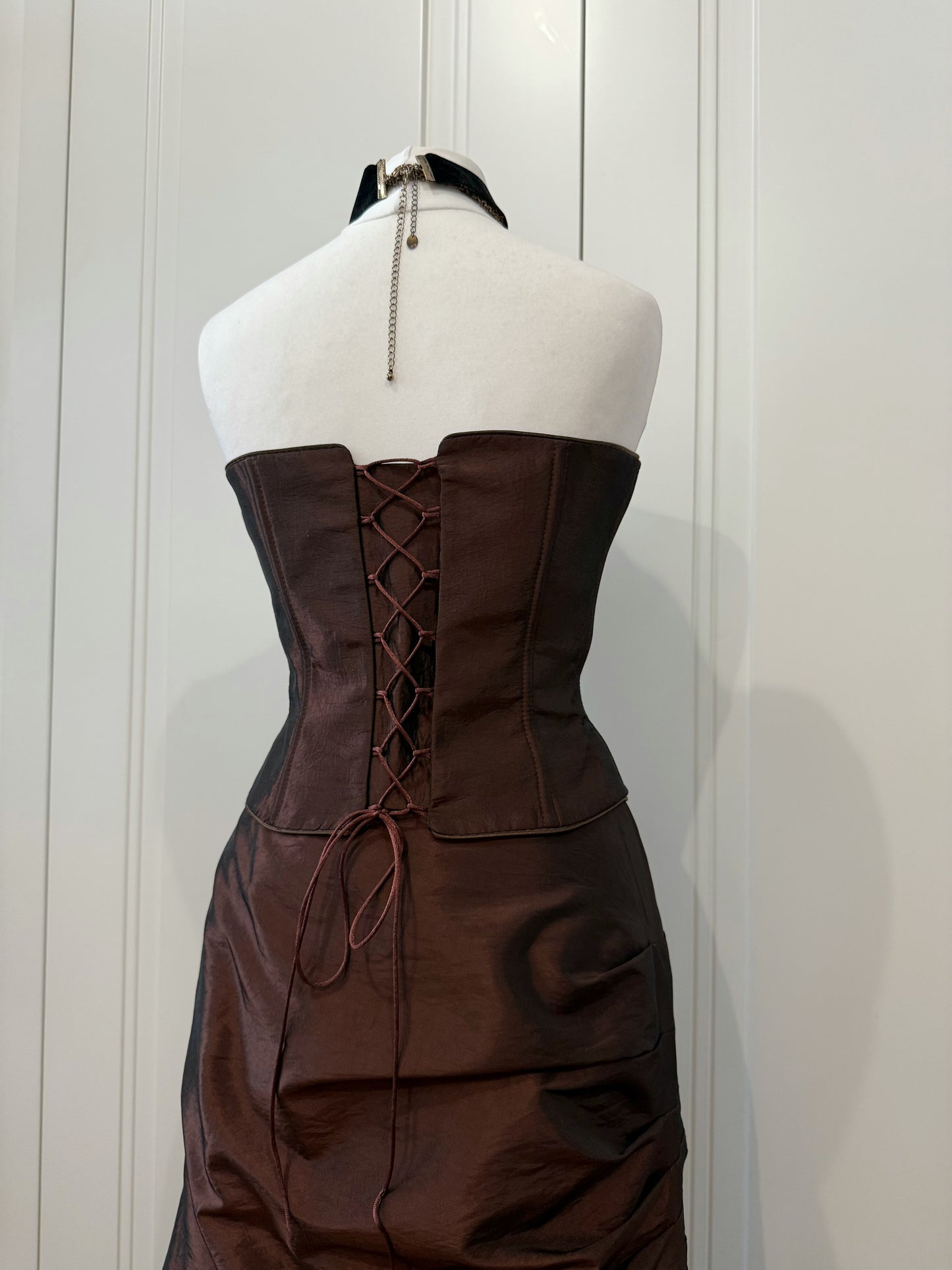 Chocolate Strapless Evening Corset Gown
