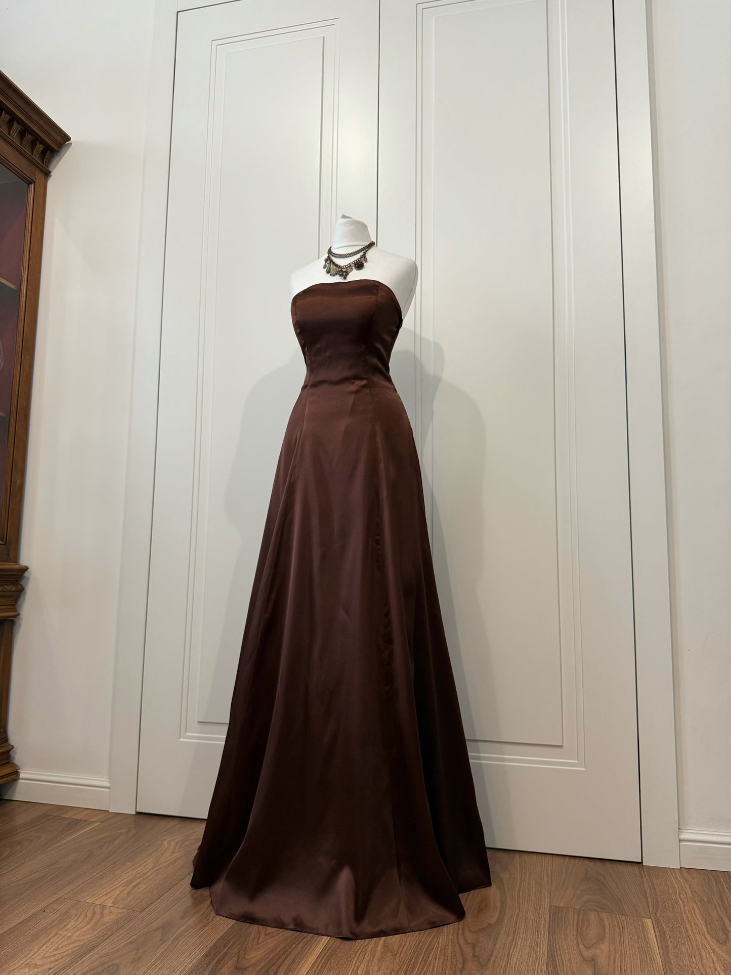 Chocolate Satin Strapless Gown with Shawl