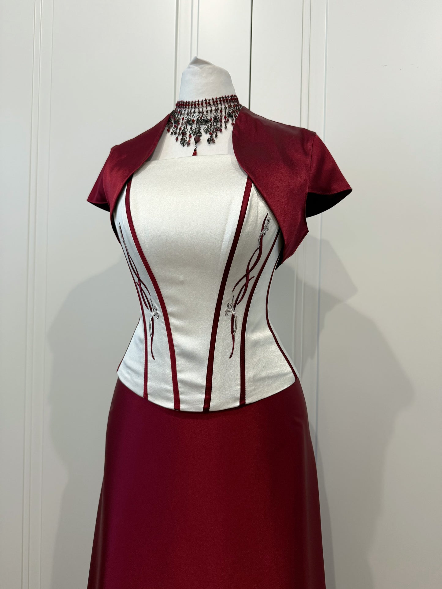Burgundy Satin Corset Dress Set with Bolero
