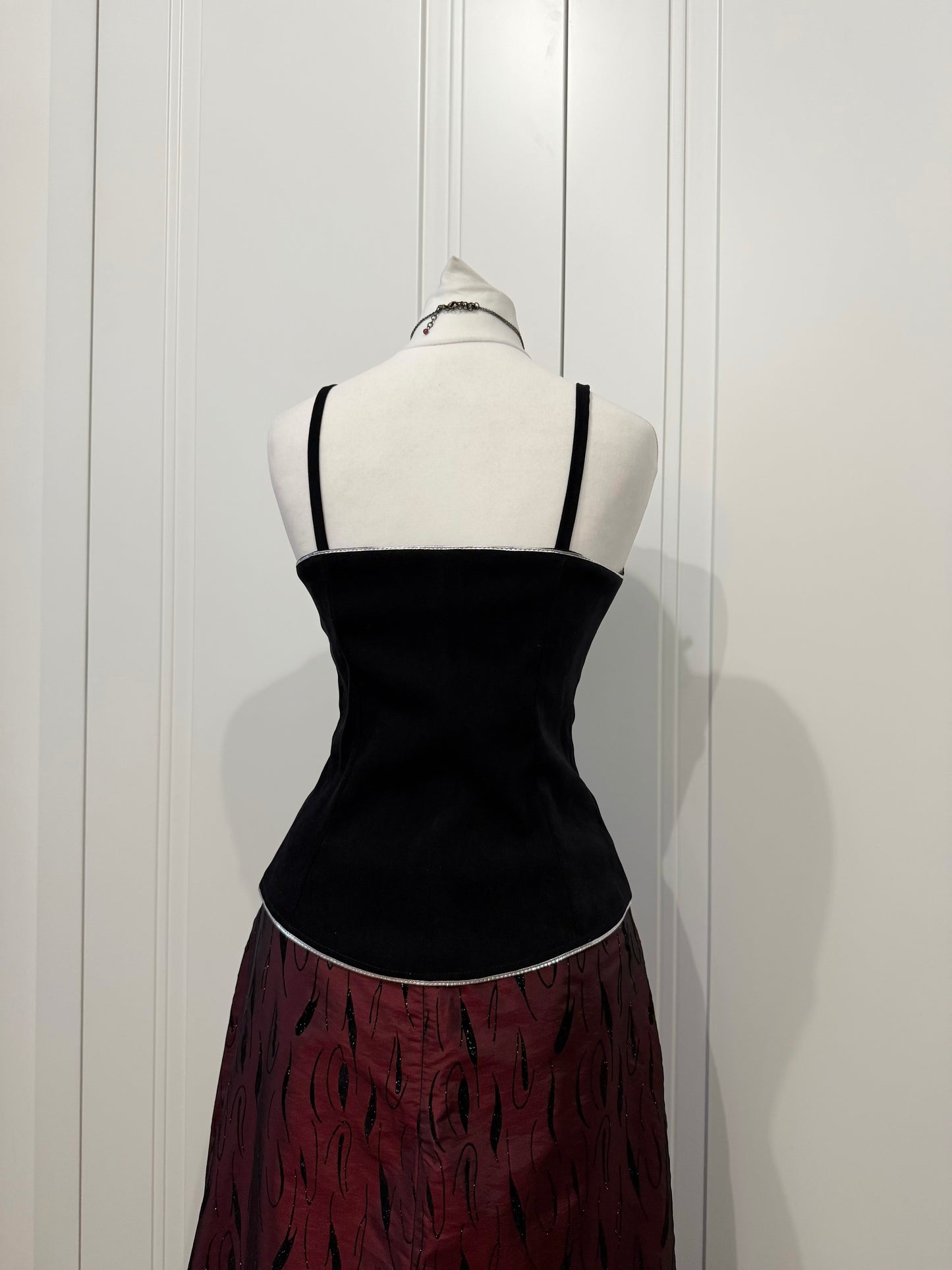 Black Velvet Top & Burgundy Long Skirt Set