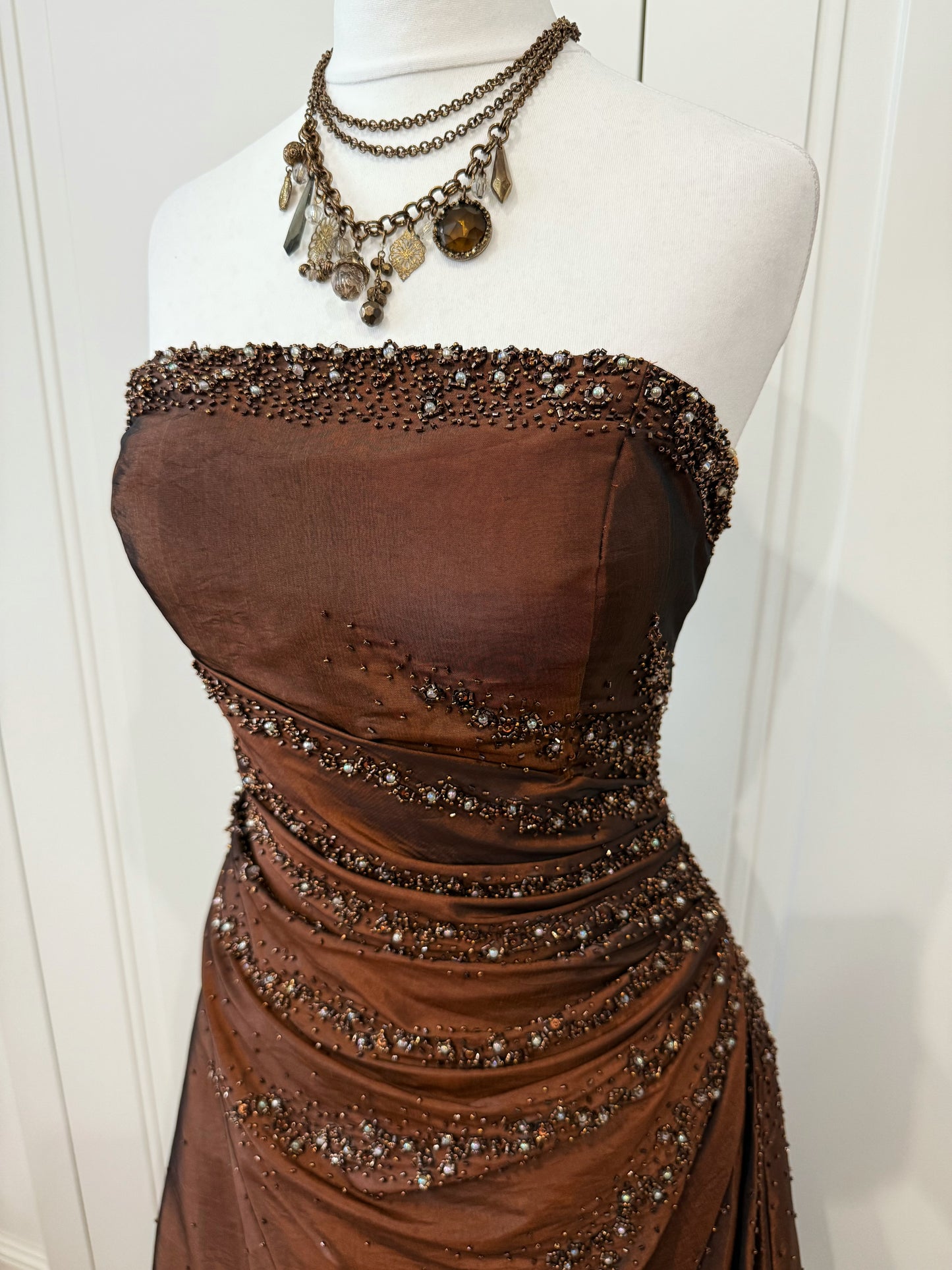 Chocolate Beaded Strapless Gown