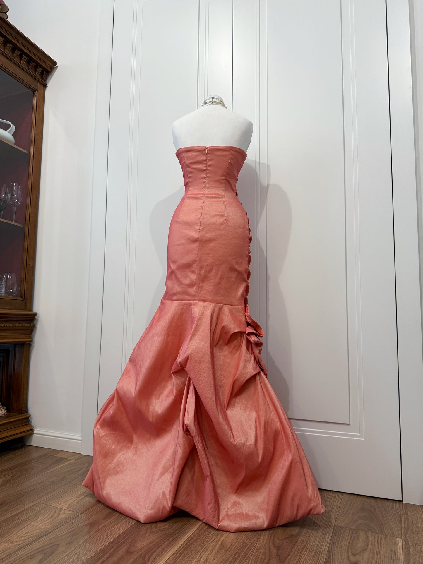 Long coral pink mermaid ball gown