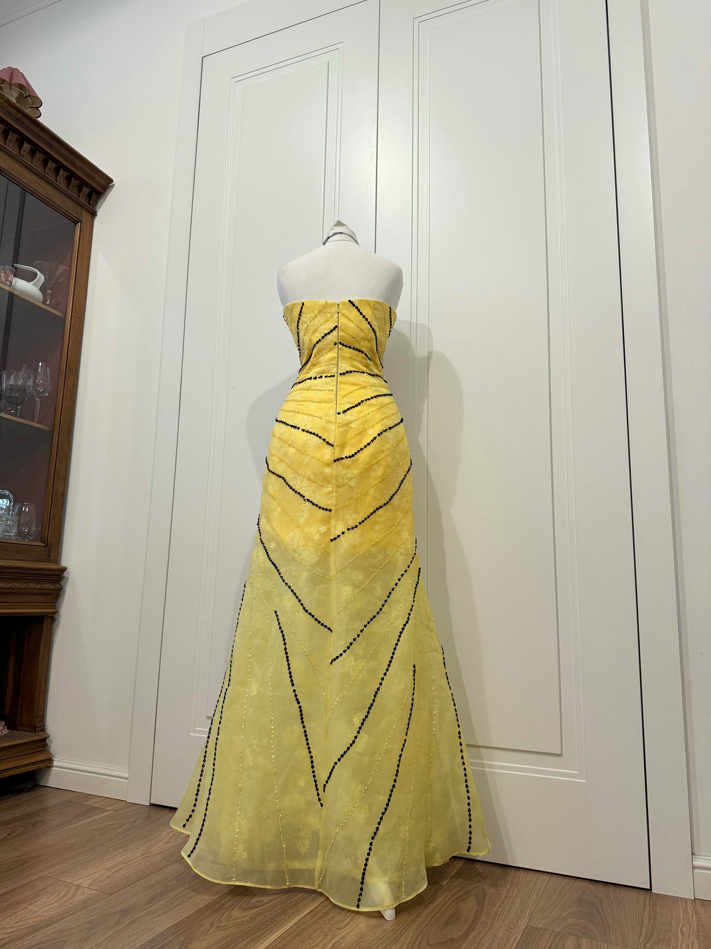 Yellow & Black Beaded Mermaid Evening Gown