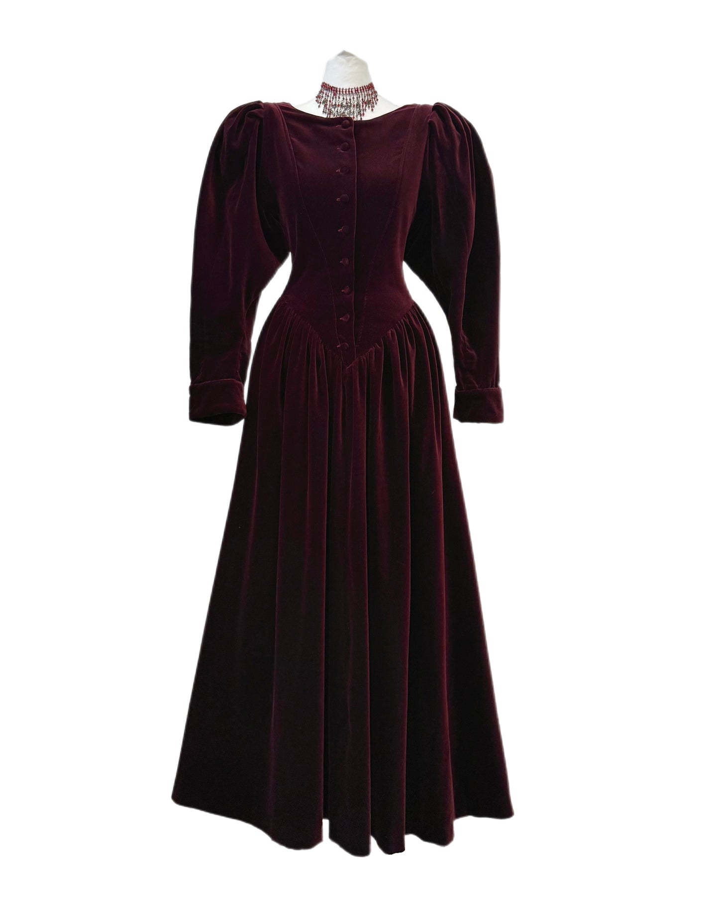 Burgundy Vintage Velvet Puff Sleeve Maxi Dress