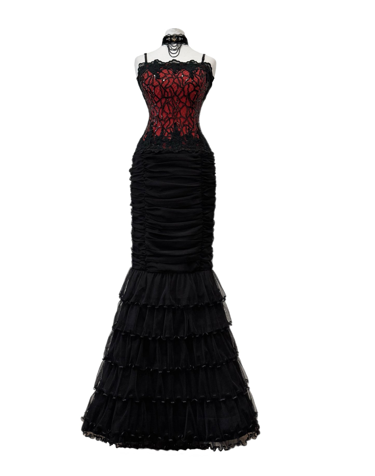 Red&Black Lace Mermaid Maxi Dress