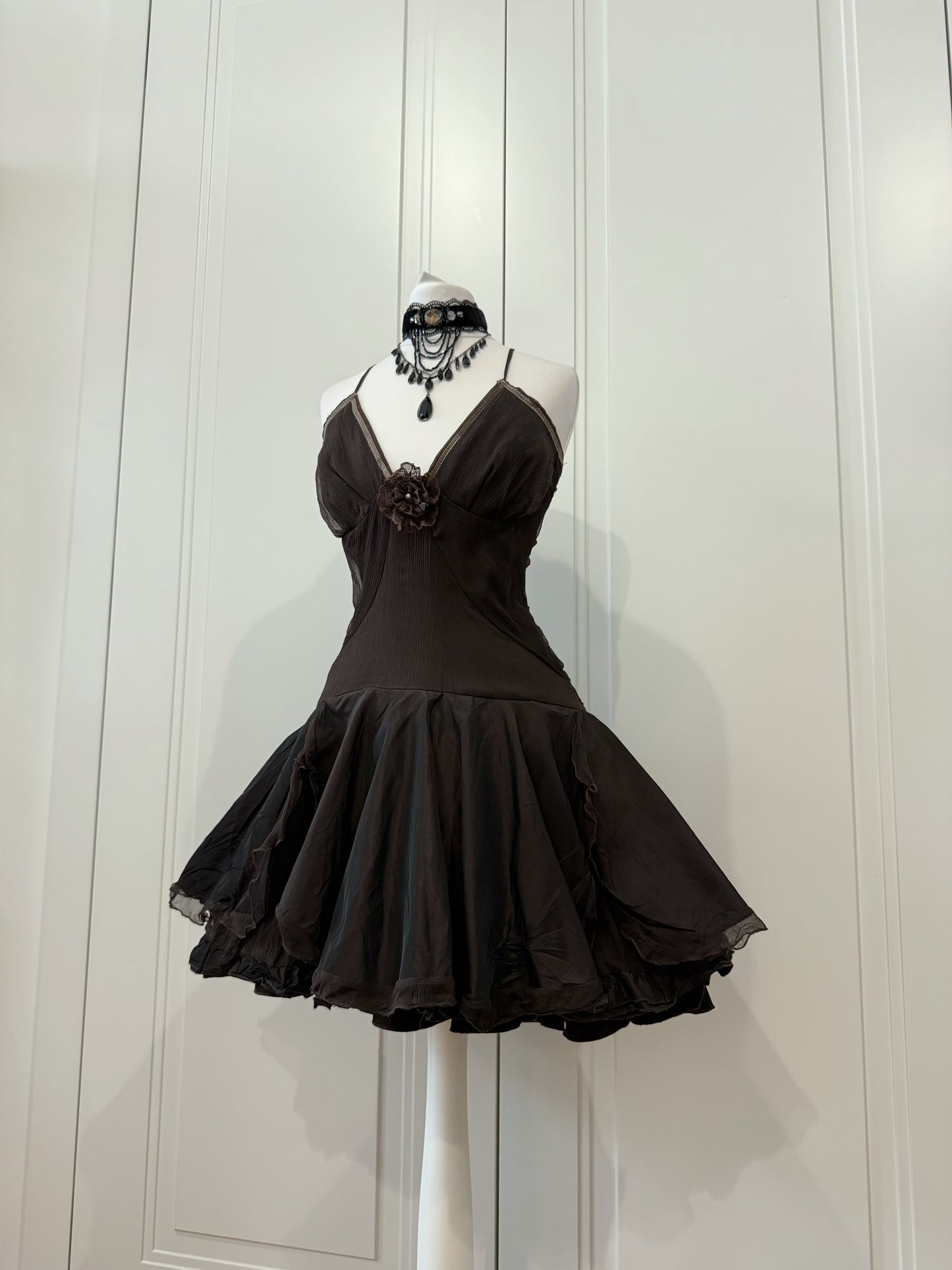 Dark Brown Ruffle Mini Party Dress