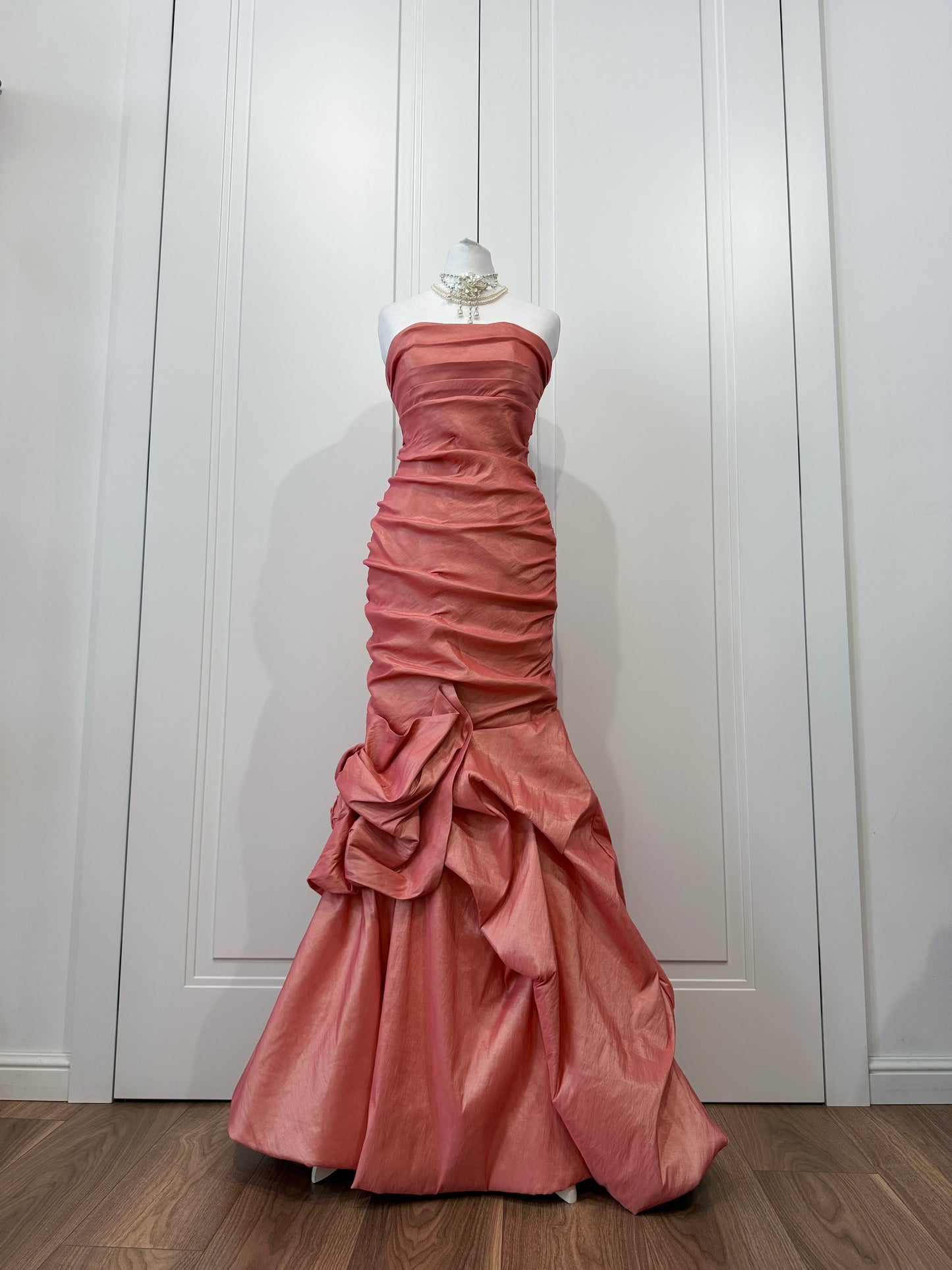Long coral pink mermaid ball gown