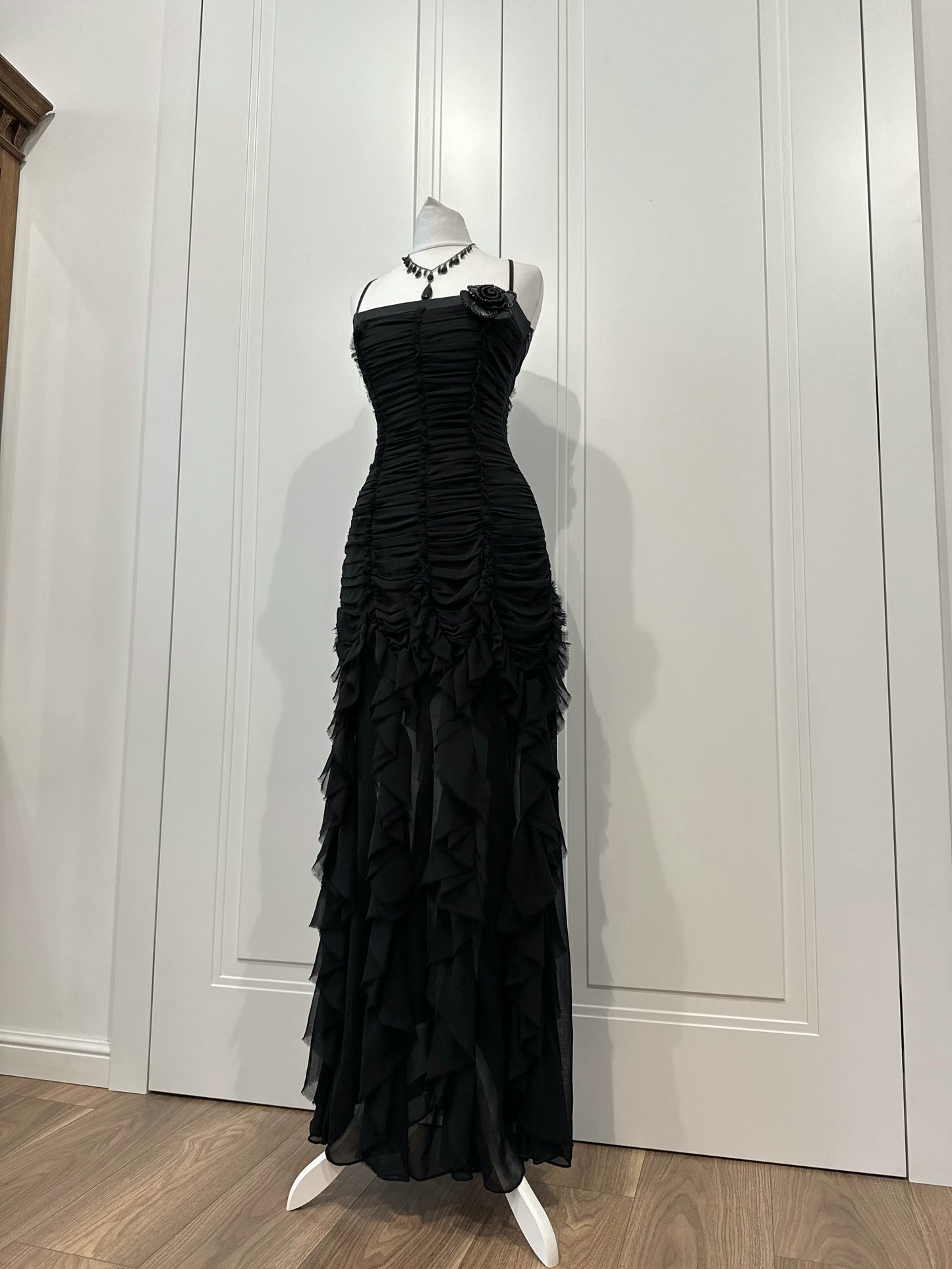 Black Ruched Ruffle Maxi Dress