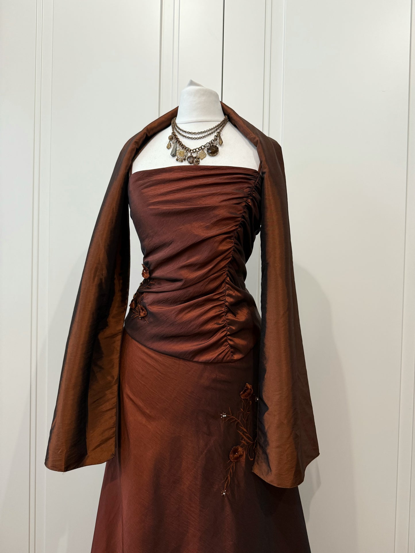 Chocolate Embroidered Evening Gown with Shawl