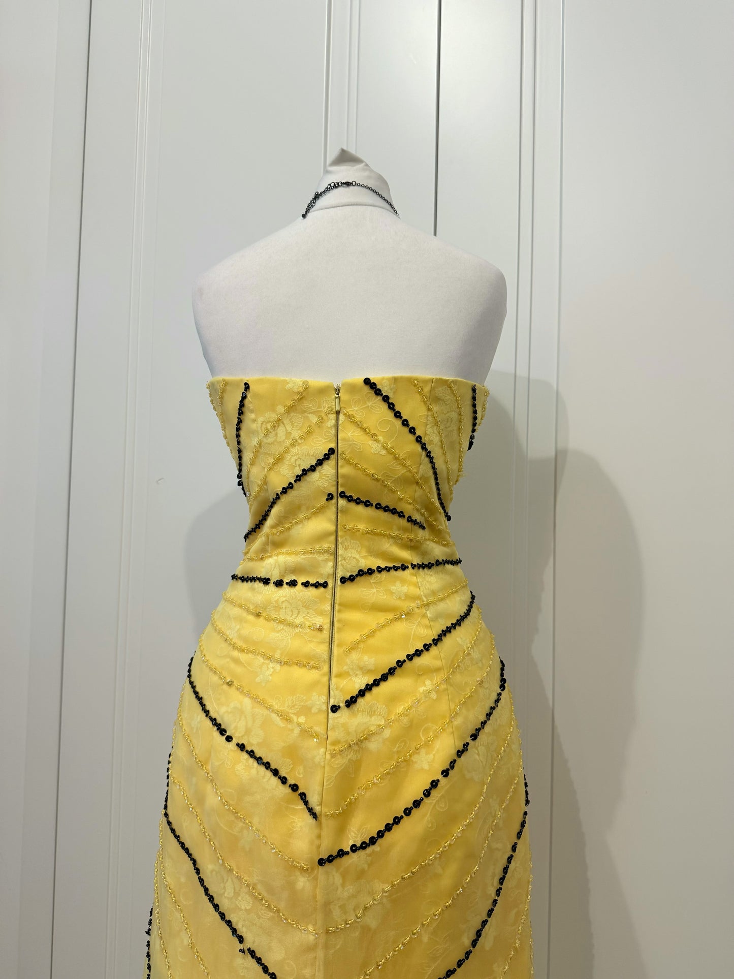 Yellow & Black Beaded Mermaid Evening Gown