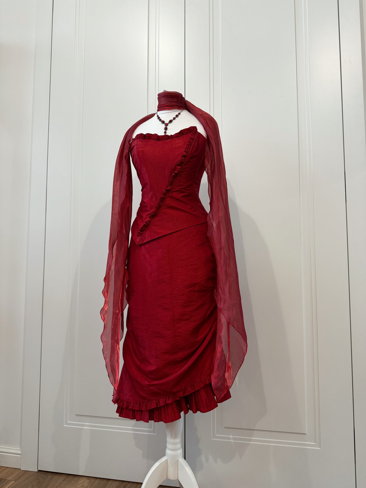 Red Ruffle Midi Dress Set with Shawl
