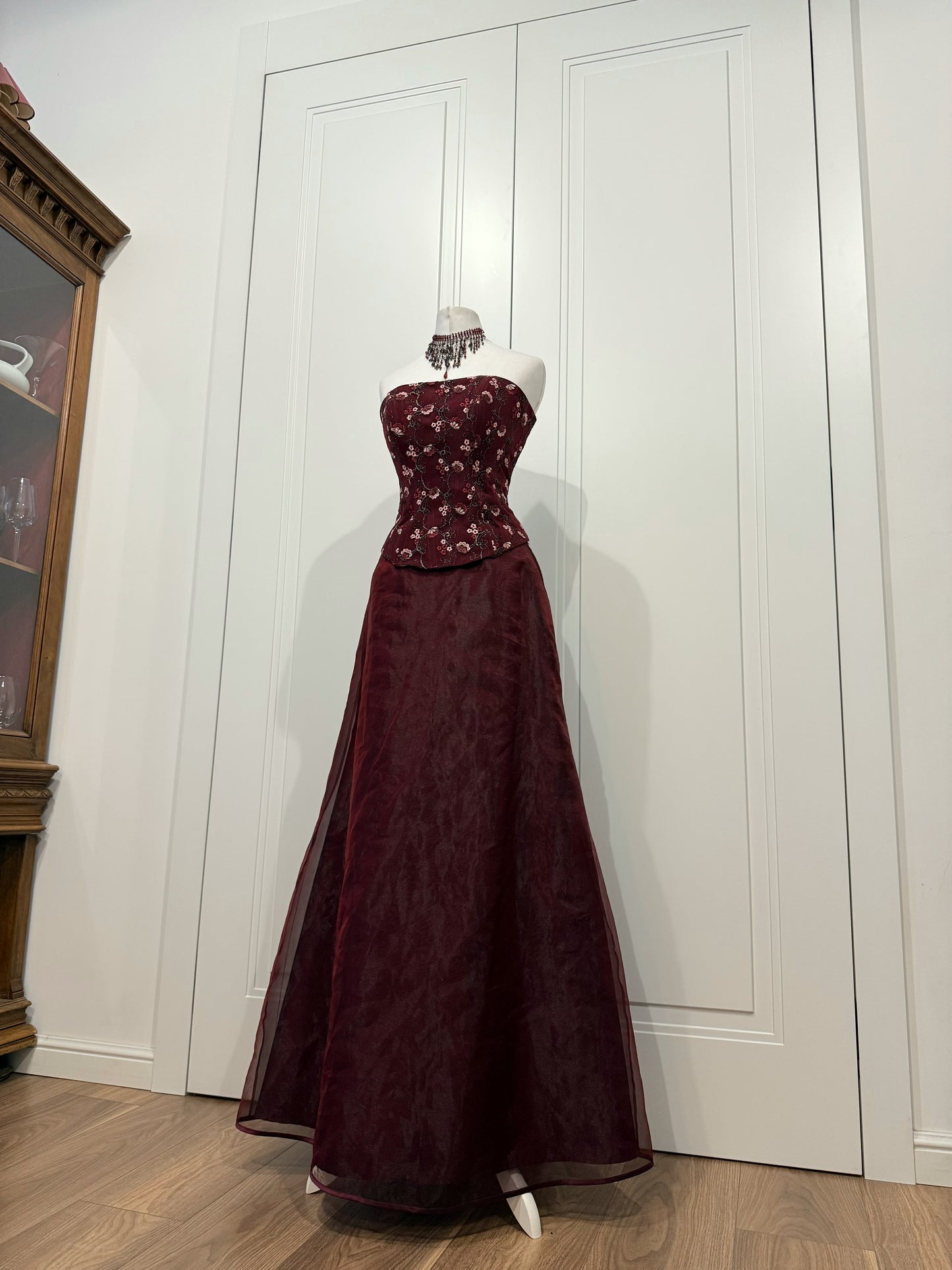 Burgundy Embroidered Maxi Dress Set