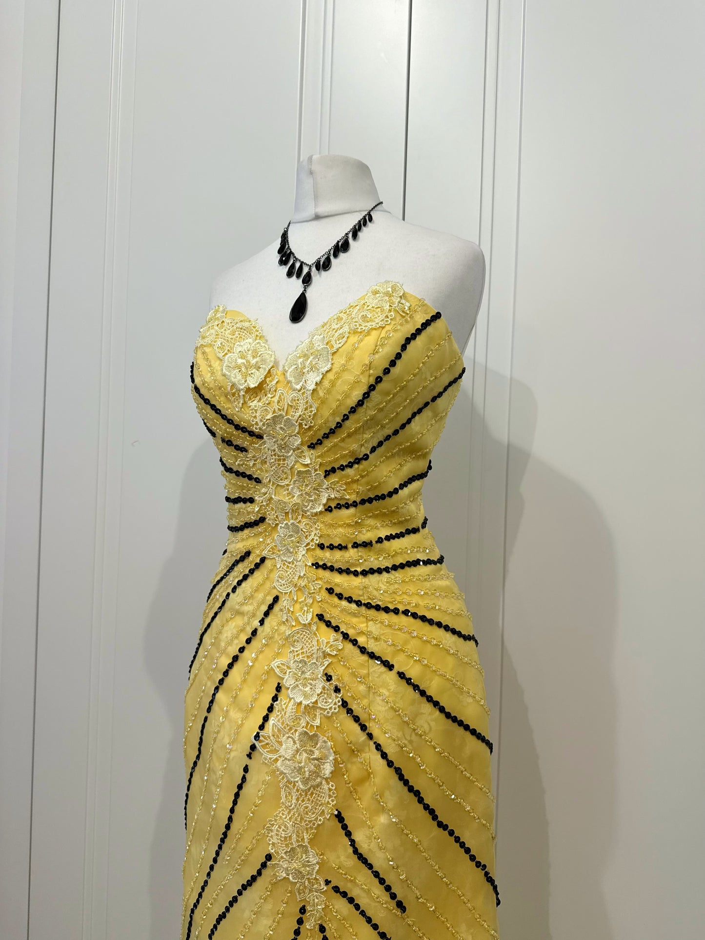 Yellow & Black Beaded Mermaid Evening Gown