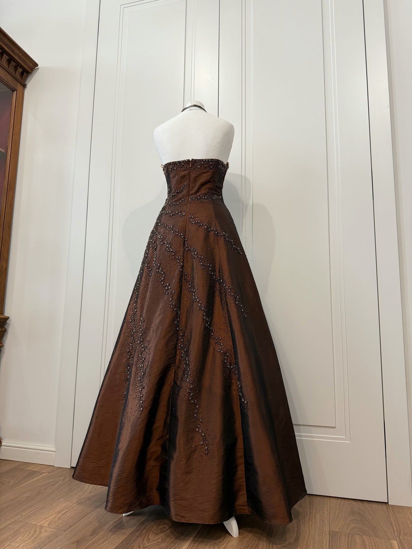 Chocolate Beaded Strapless Gown
