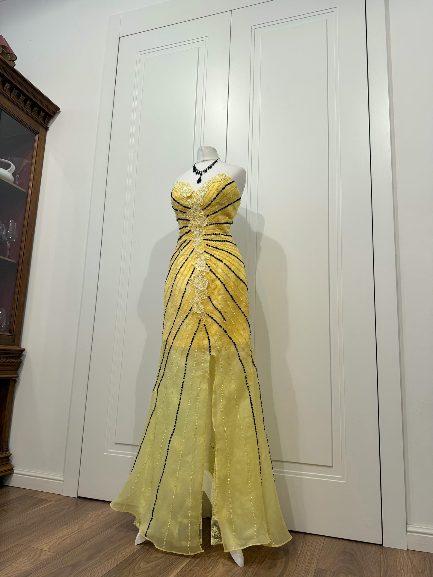 Yellow & Black Beaded Mermaid Evening Gown