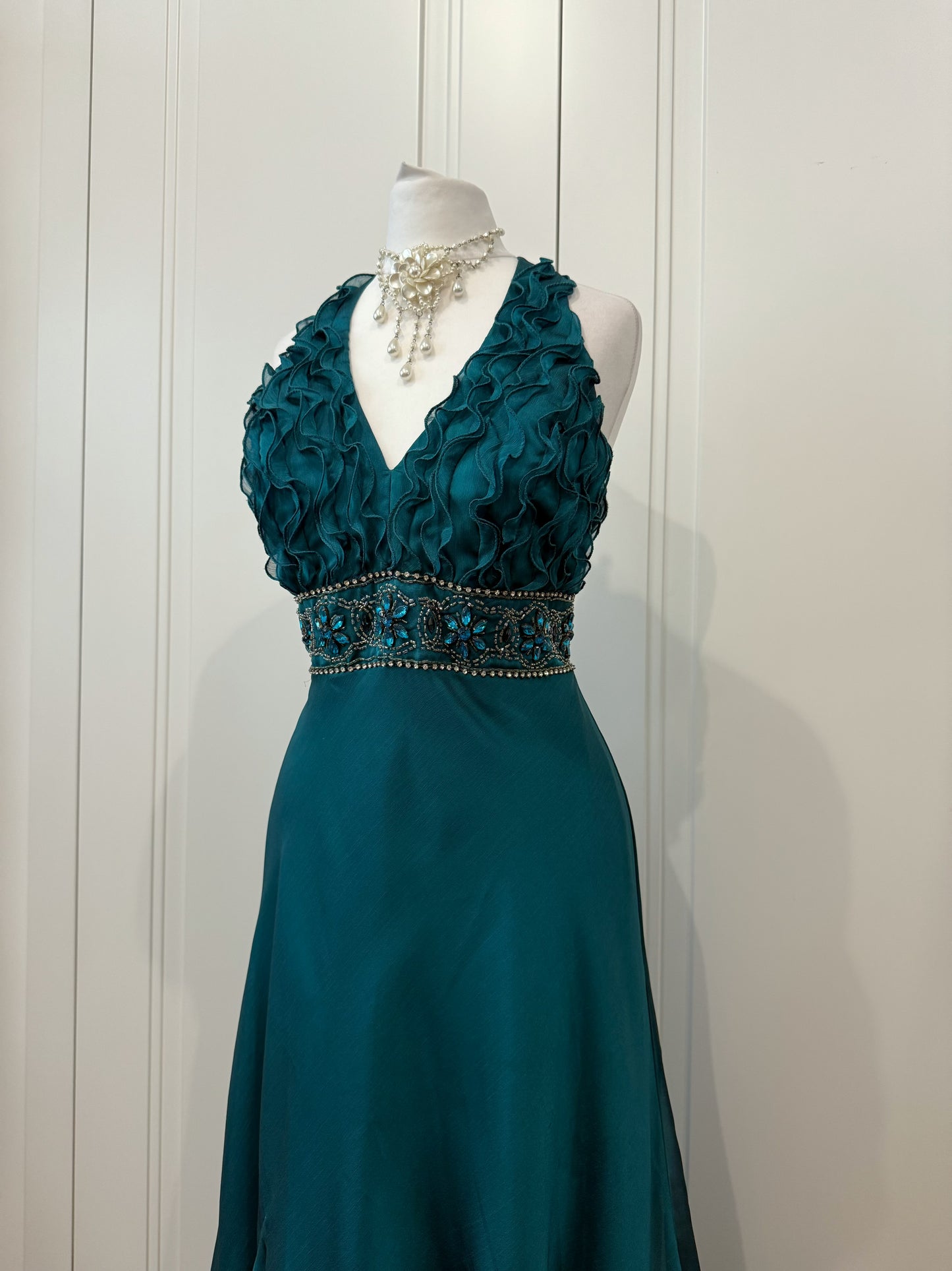 Teal Embellished Ruffle Dress