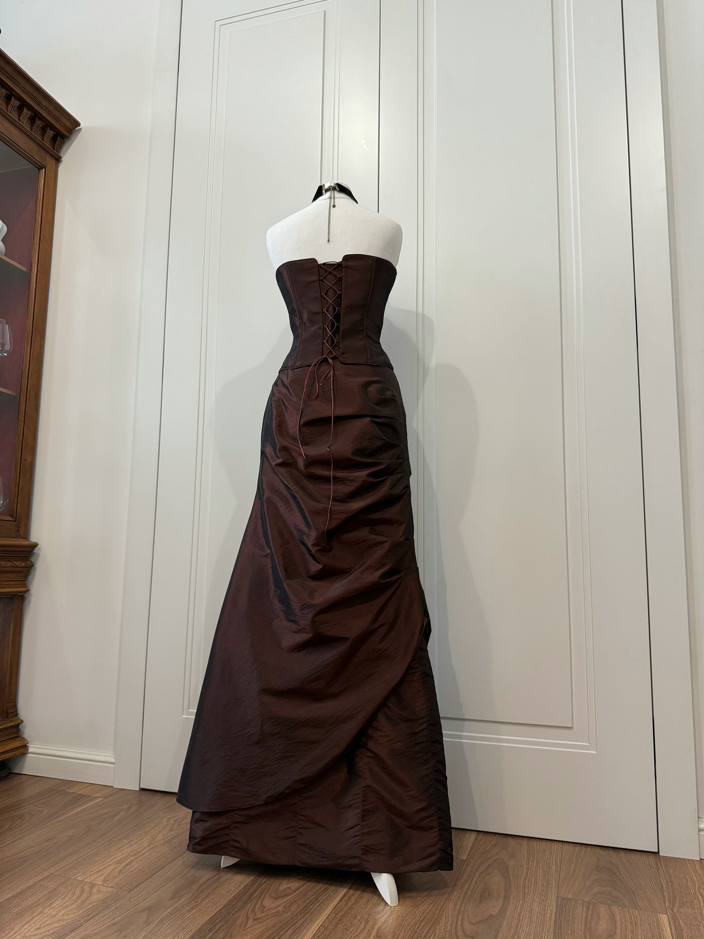 Chocolate Strapless Evening Corset Gown