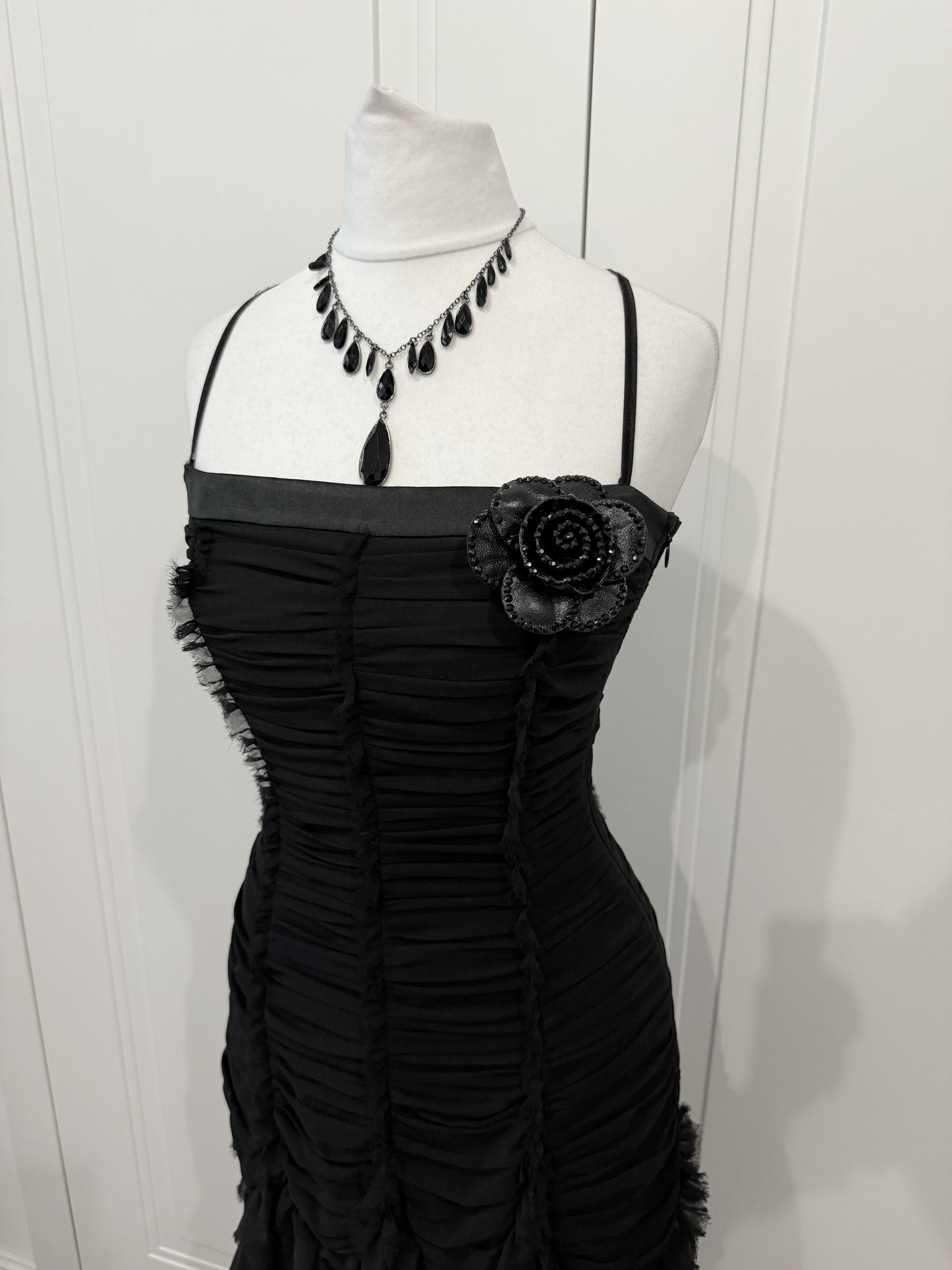 Black Ruched Ruffle Maxi Dress