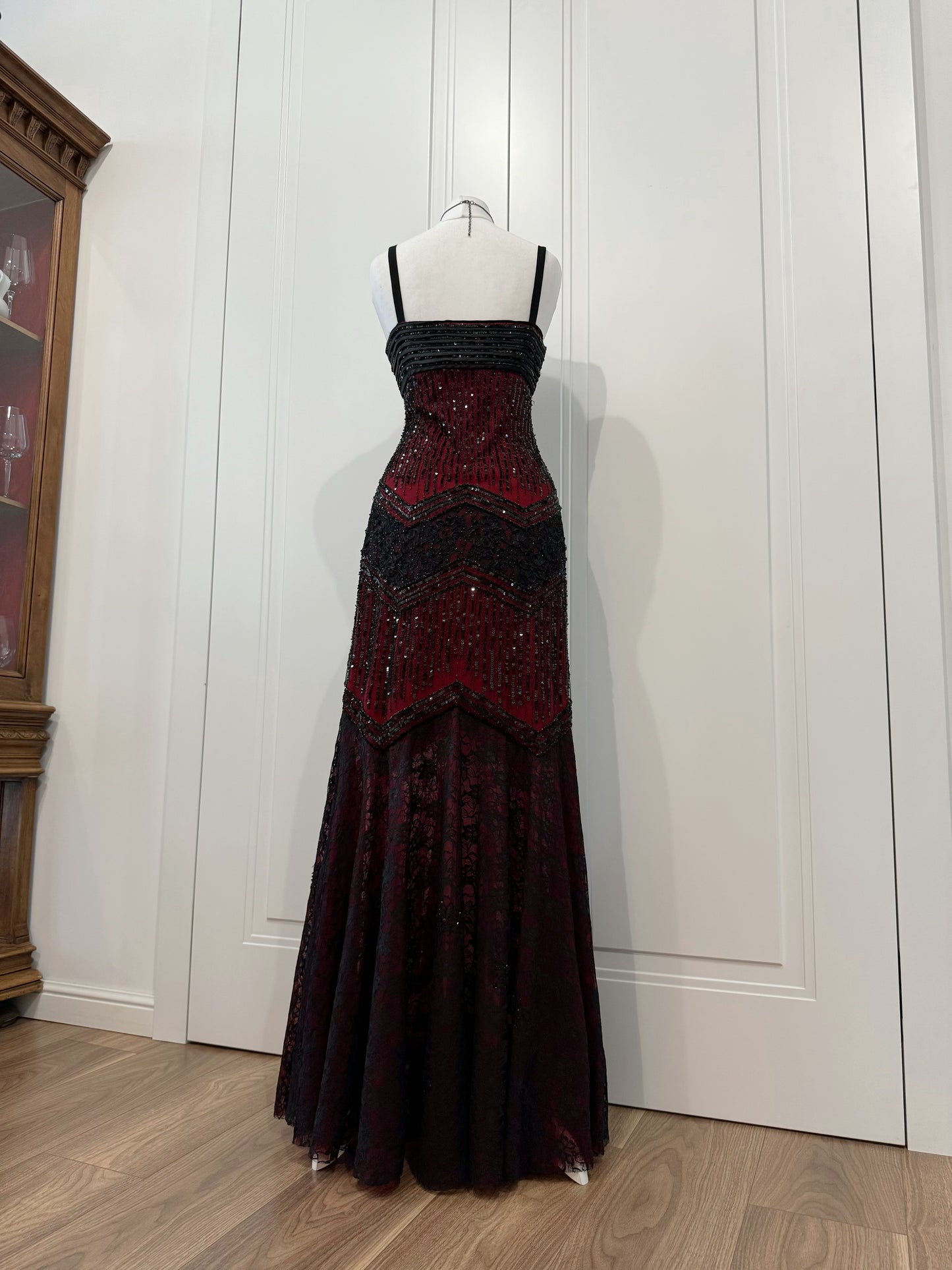 Vintage Burgundy & Black Beaded Vampire Dress