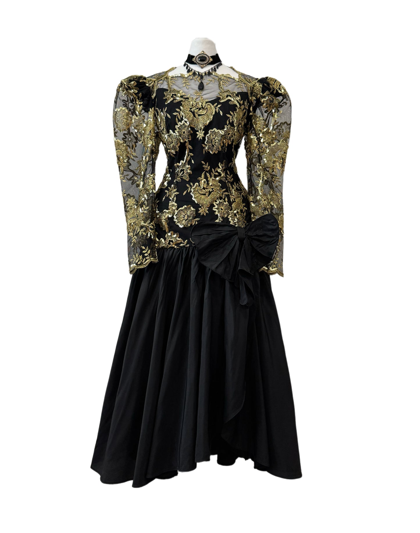 Vintage Black & Gold Floral Evening Dress