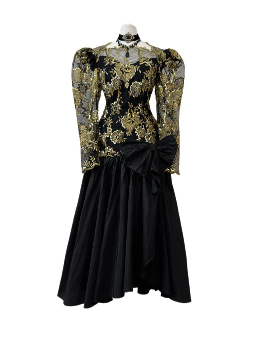 Vintage Black & Gold Floral Evening Dress