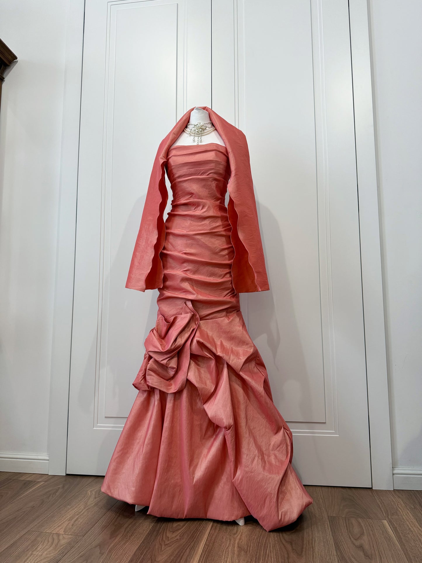 Long coral pink mermaid ball gown